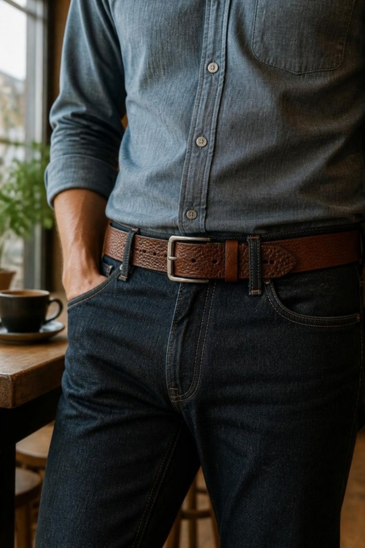 Johnston & Murphy Soft Pebble Belt in Brown worn with dark jeans and a chambray shirt, a soft pebbled leather everyday belt that dresses up jeans for coffee dates, the office and nights out