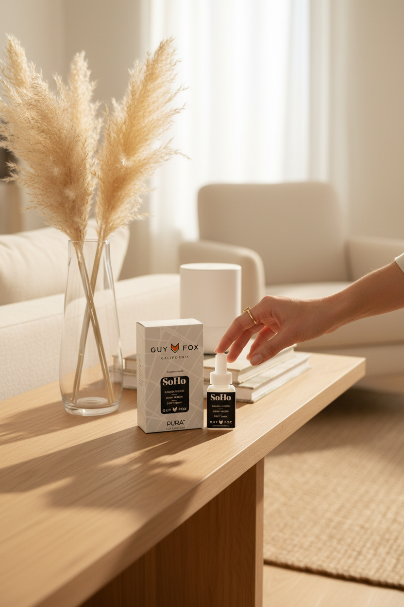 Guy Fox SoHo Pura smart vial on a styled table in a warm living room, perfect for filling your home with fragrance and easy gifting