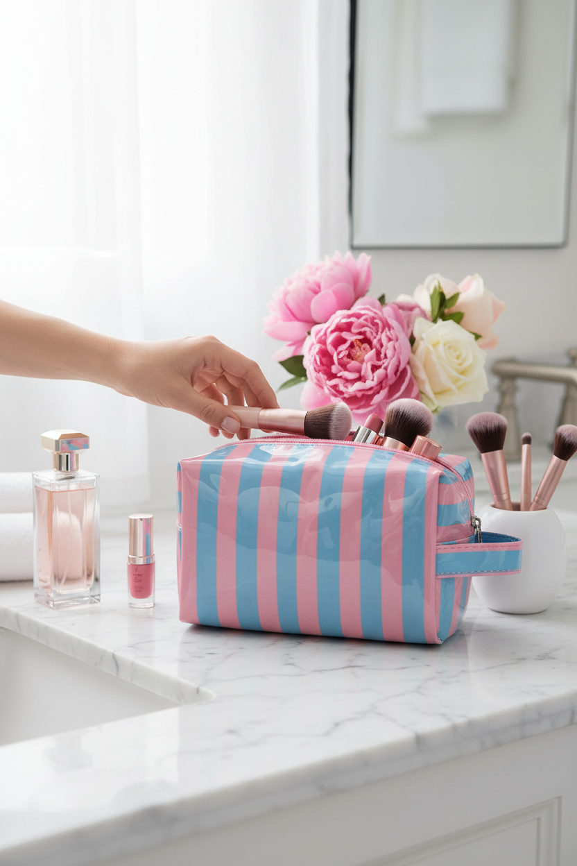 Arktana Stripe Cosmetic Bag on a marble vanity with makeup, perfect for makeup, toiletries, travel and gifting