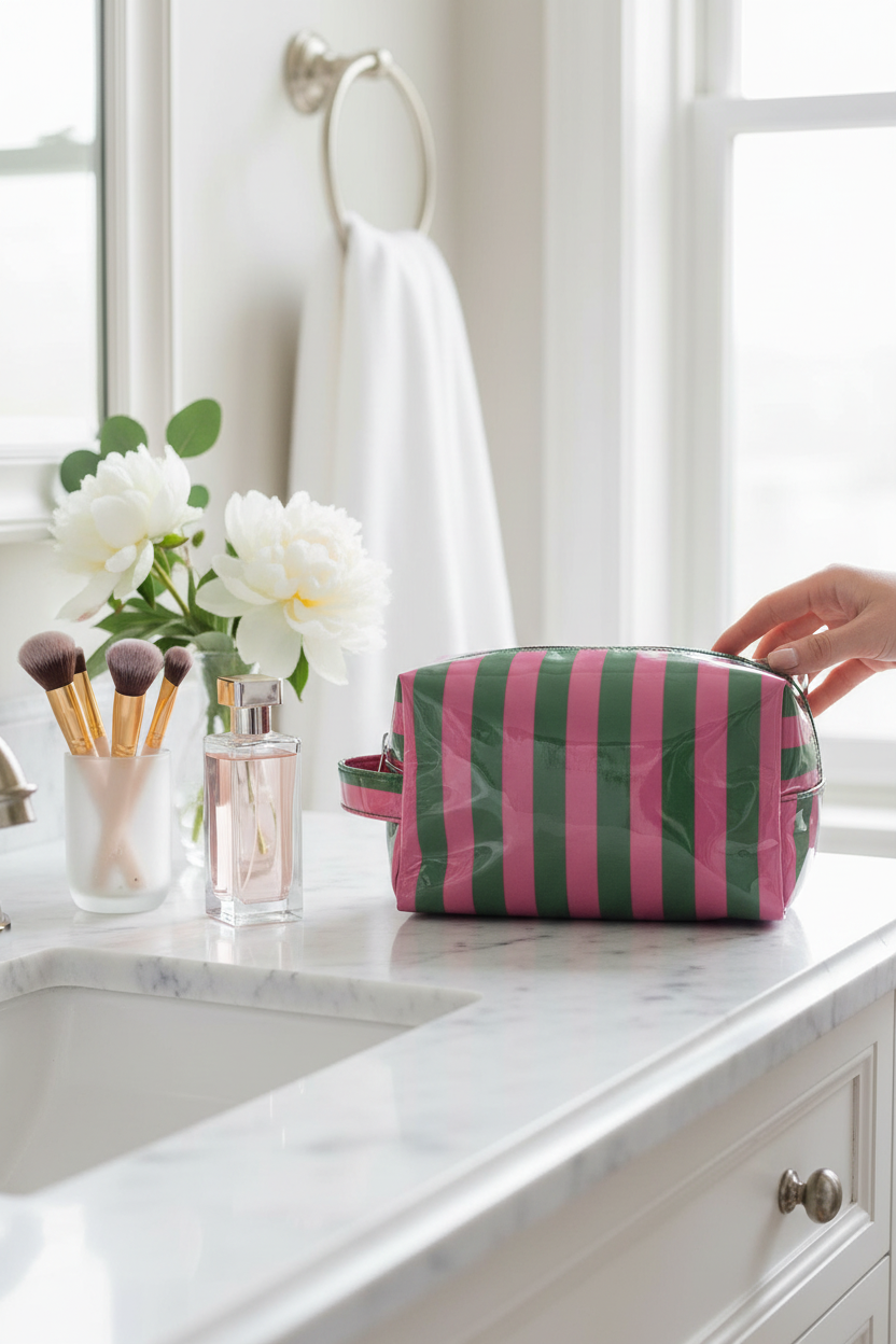 Arktana Stripe Makeup Bag in Pink and Green on a marble vanity with makeup, perfect for makeup, toiletries, travel and gifting