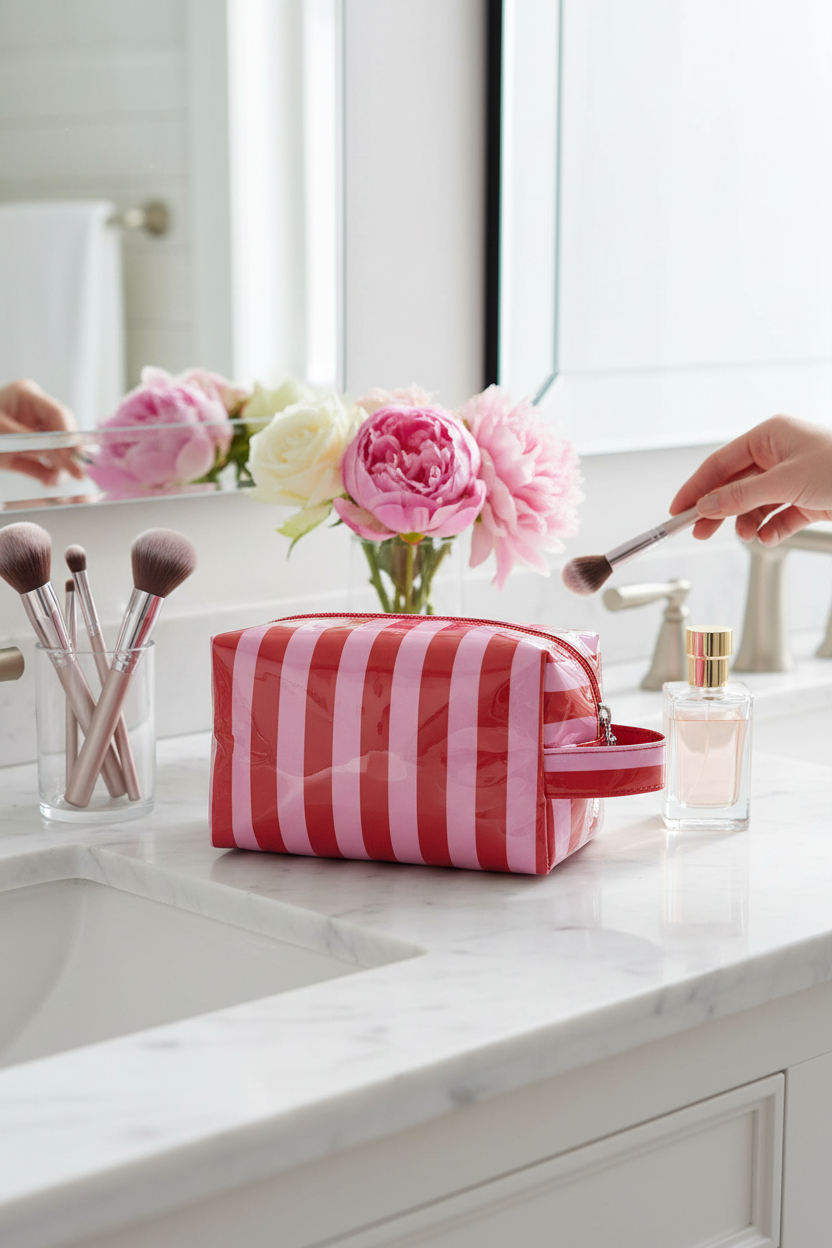 Arktana Stripe Makeup Bag in Red and Pink on a marble vanity with makeup, perfect for makeup, toiletries, travel and gifting