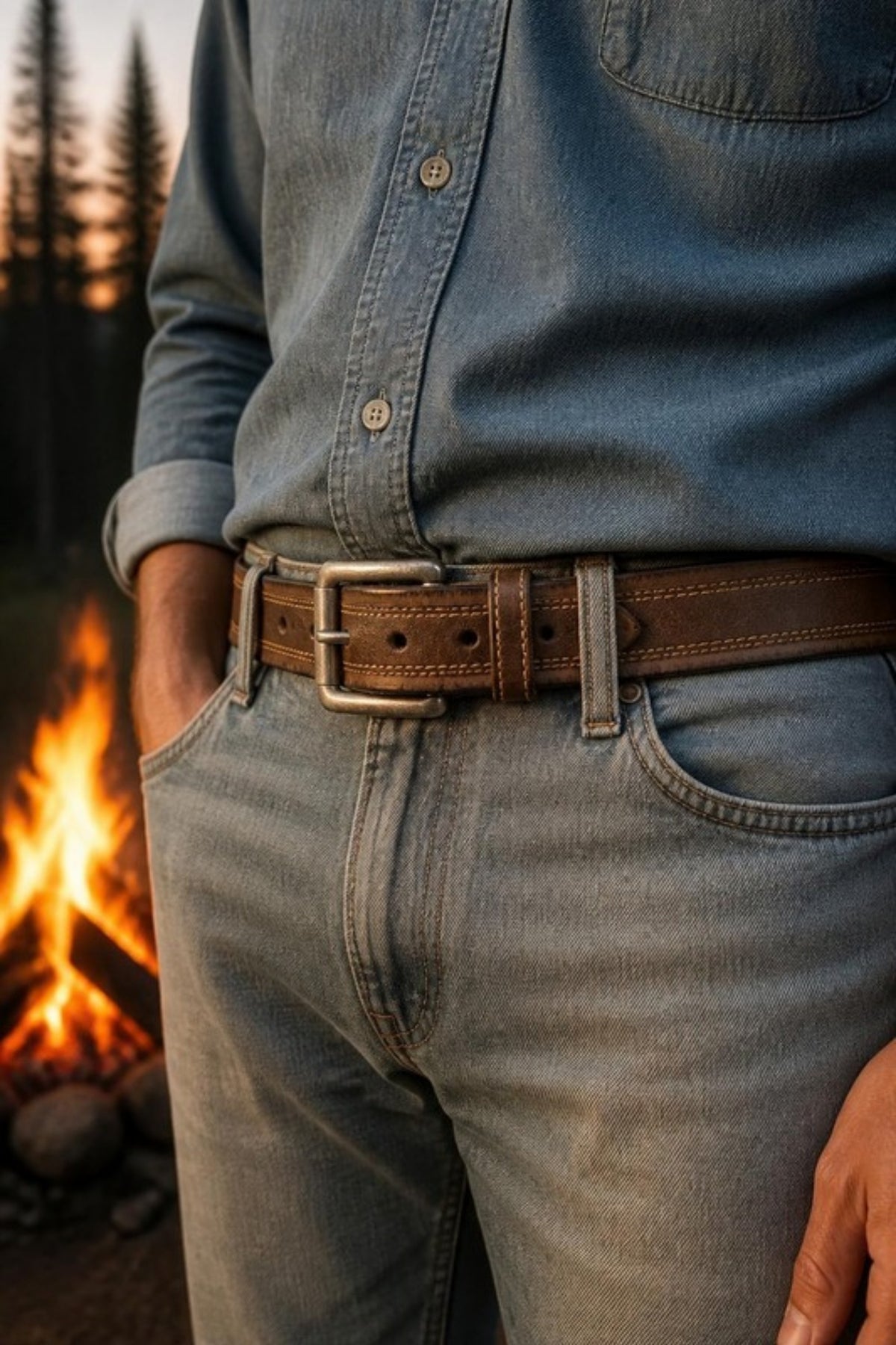 Johnston & Murphy Suede Overlay Belt in Brown worn with light jeans and a chambray shirt by the campfire, a rugged leather and suede belt for weekends, camping trips and casual nights out