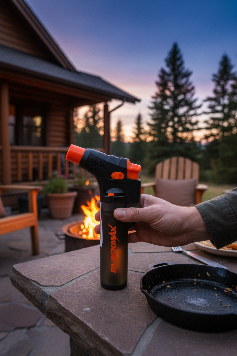 Blue Flame Black Max torch lighter on a stone patio table by a backyard fire pit, a refillable 2300 degree torch for campfires, grilling, fire pits and cabin weekends