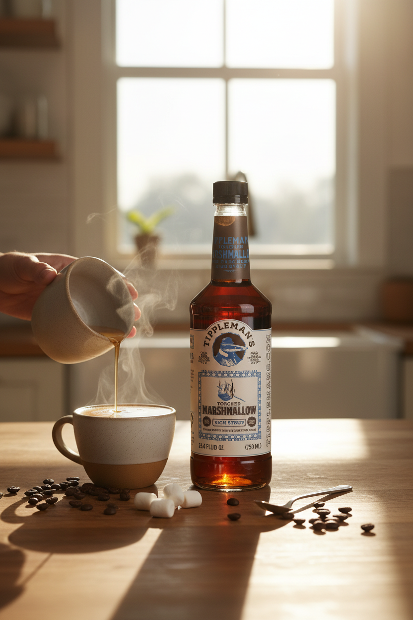 Bittermilk Torched Marshmallow Coffee Syrup on a kitchen counter with a latte, perfect for lattes, cocktails and holiday baking