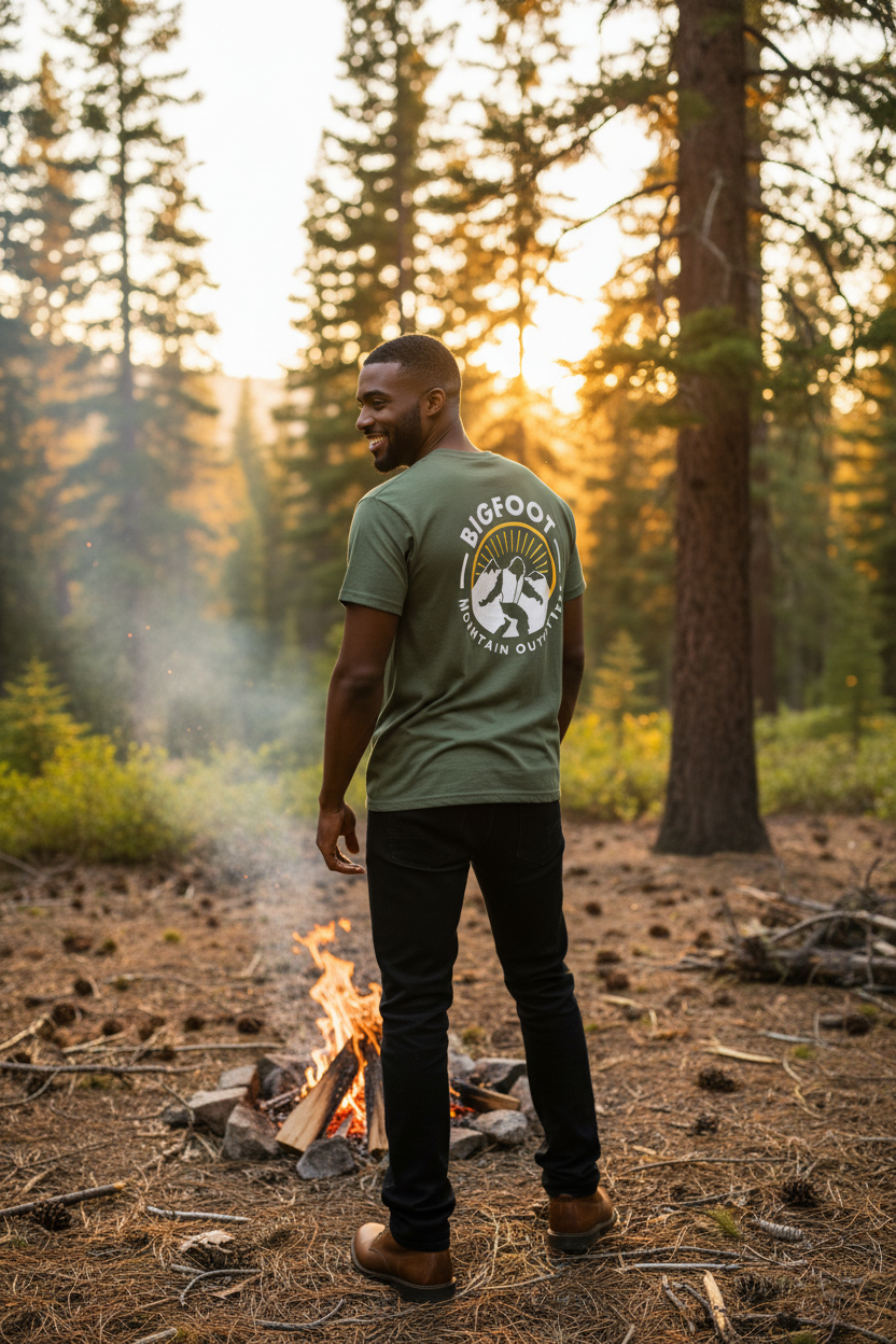 Bigfoot Mountain Outfitters OG T-Shirt in green by the campfire, a comfortable logo tee for camping weekends, backyard fire pits and nights under the trees.