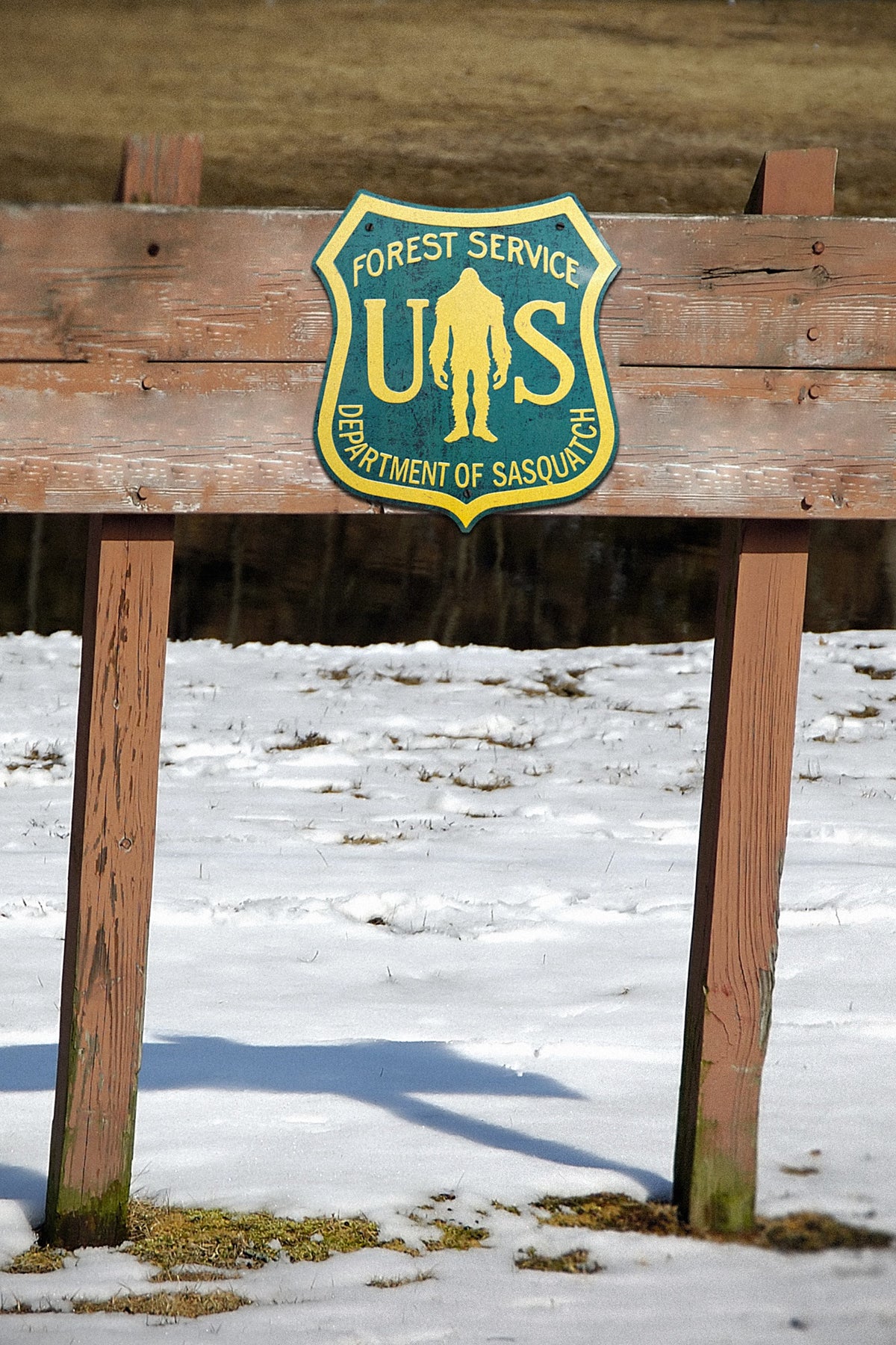 Paradise Cay Publications USFS Dept of Sasquatch road sign on a wooden sign post in the snow, a Bigfoot sign for the property entrance, cabin driveway or trailhead-themed decor