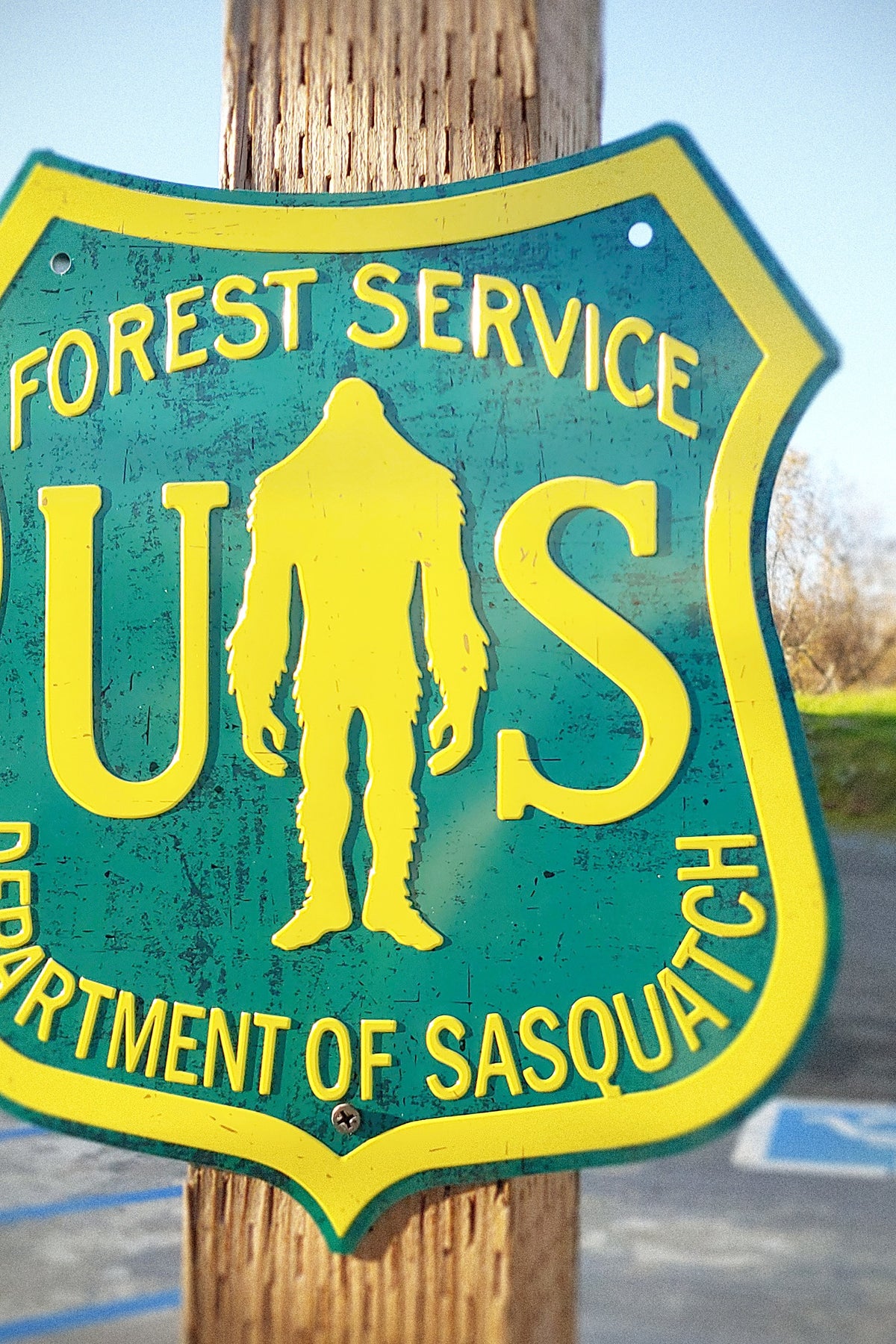 Paradise Cay Publications USFS Dept of Sasquatch road sign mounted on a wooden post, a Forest Service style Bigfoot sign for the cabin, garage, man cave or porch, and a memorable gift