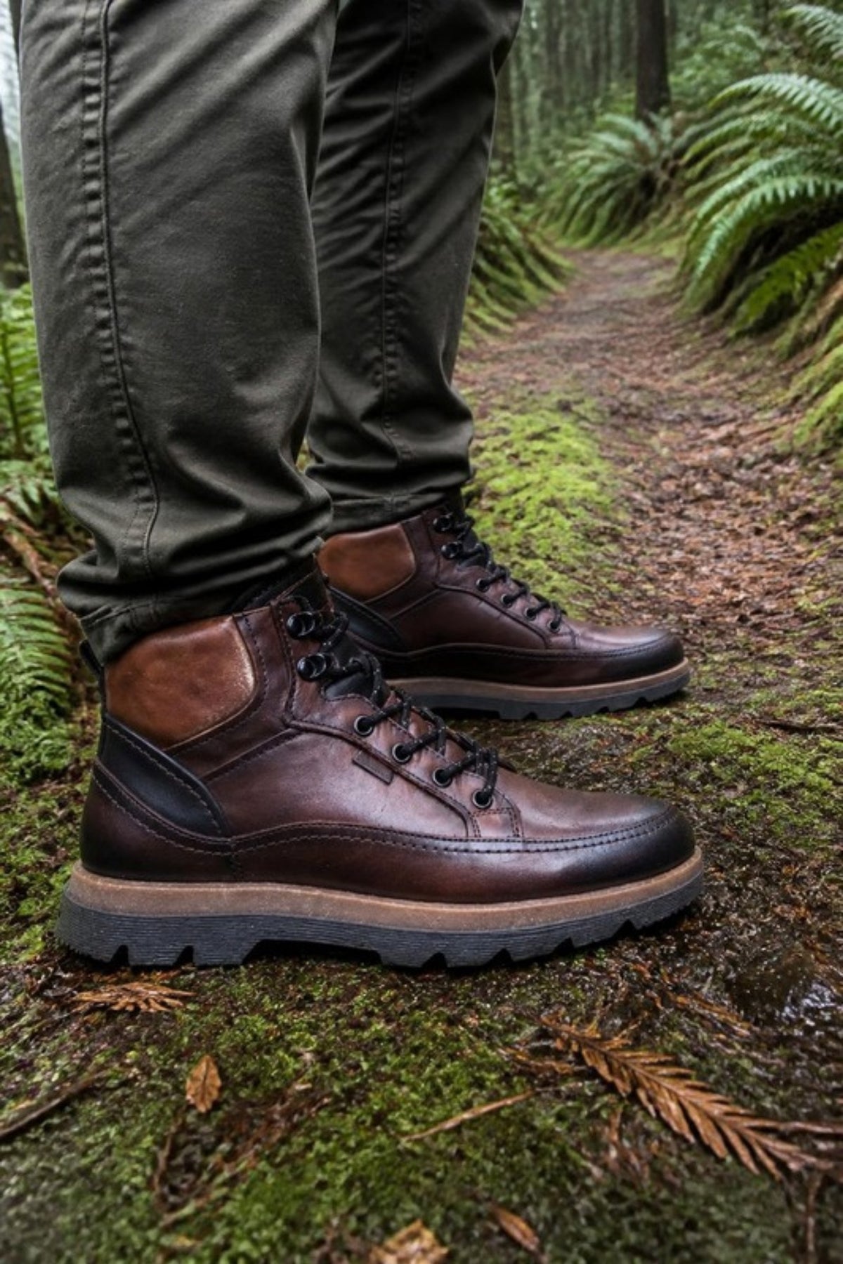 Pikolinos Vigo lace-up boot in Olmo brown leather with a grippy lug sole and padded collar, worn with olive chinos on a mossy forest trail, a rugged-casual PNW fall and winter boot for weekend trail walks, rainy commutes and nights out in jeans