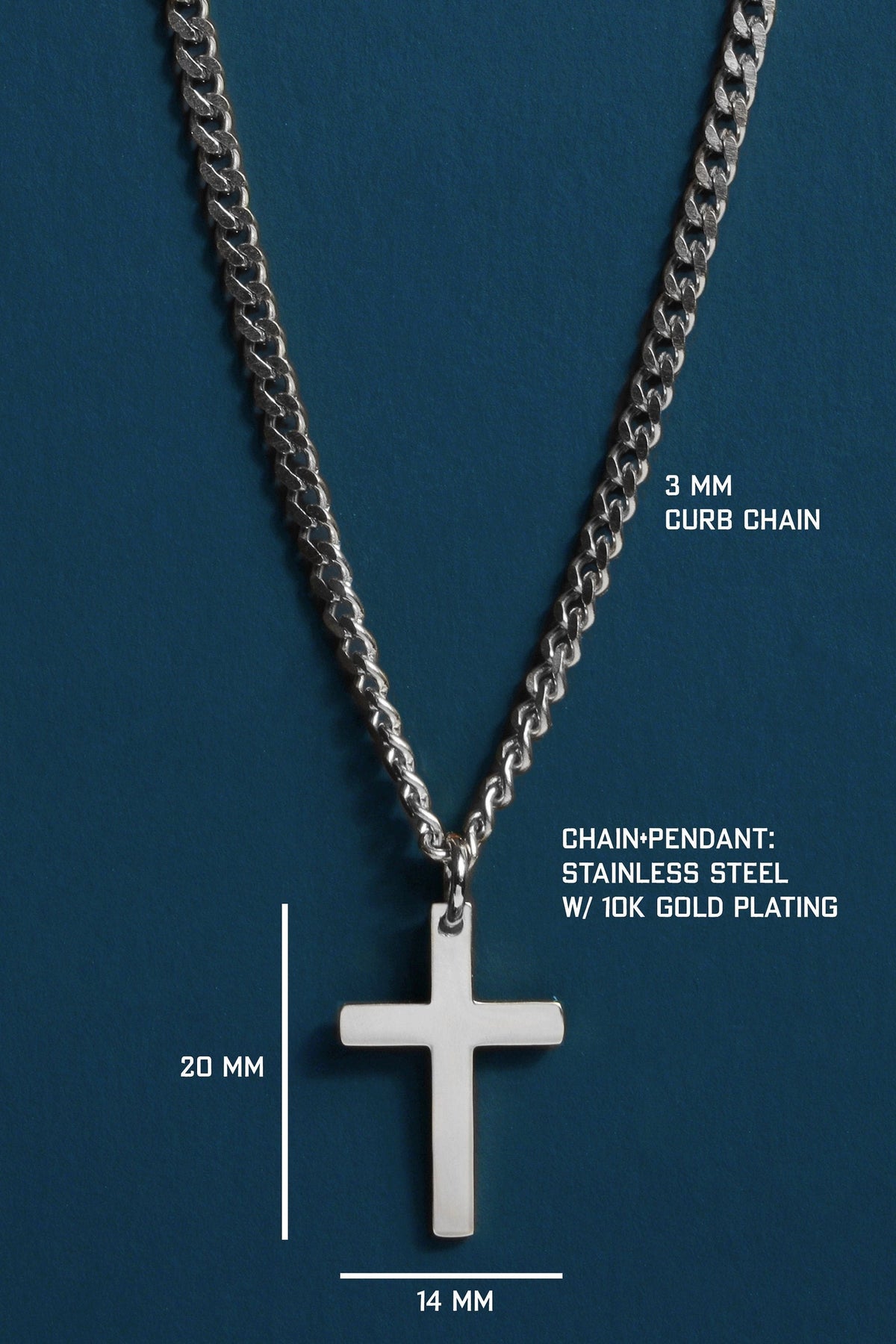 We Are All Smith Waterproof Stainless Steel Cross for Men detail showing the 20mm x 14mm cross and 3mm curb chain, an everyday faith necklace and gift for him