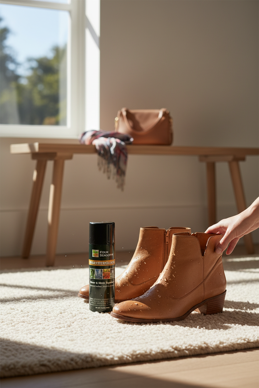 Four Seasons Weatherguard Spray next to leather boots by an entryway bench, perfect for protecting shoes, boots and bags from rain, snow and stains