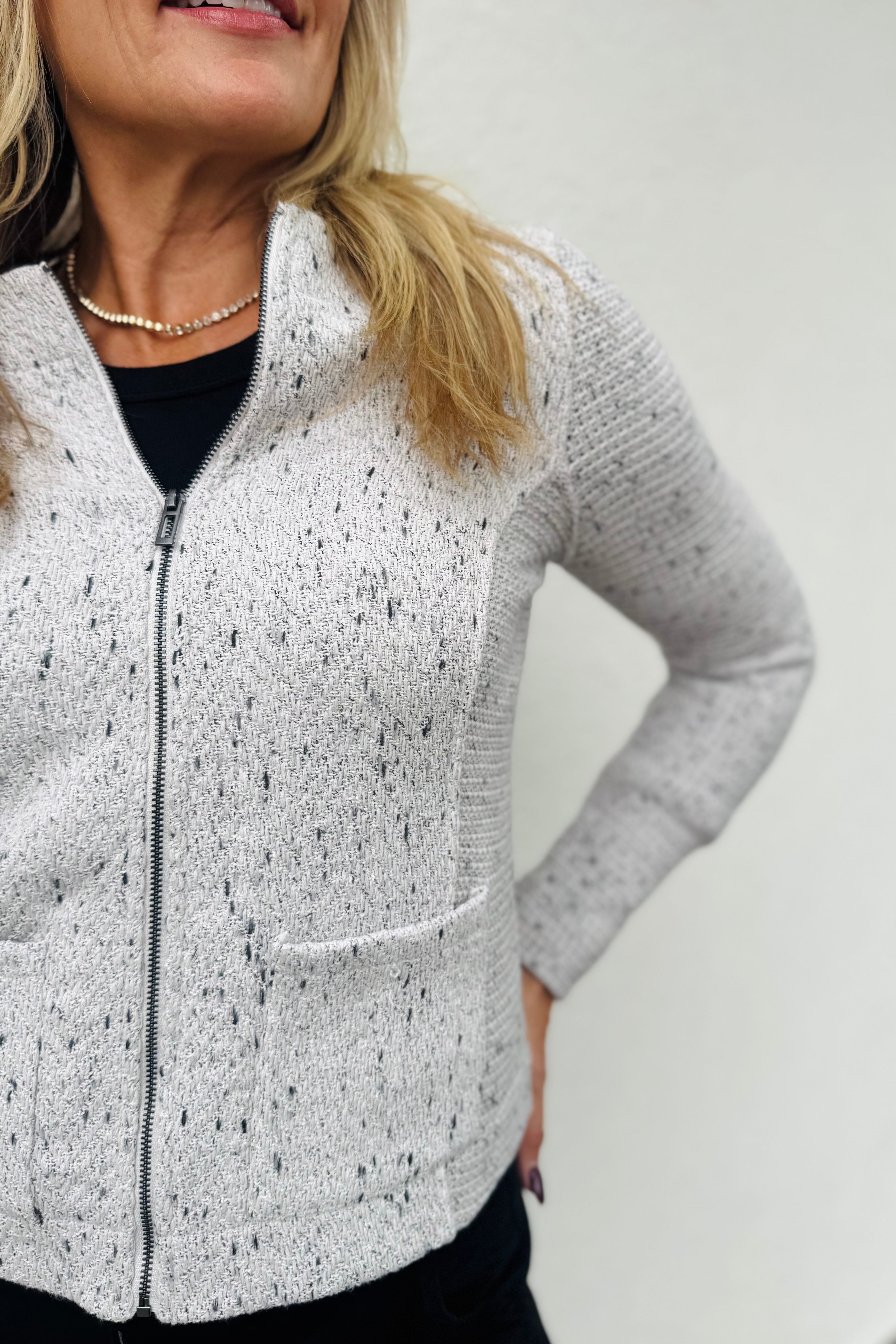 Weave Mix Knit Zip Jacket - Sugar Cookie