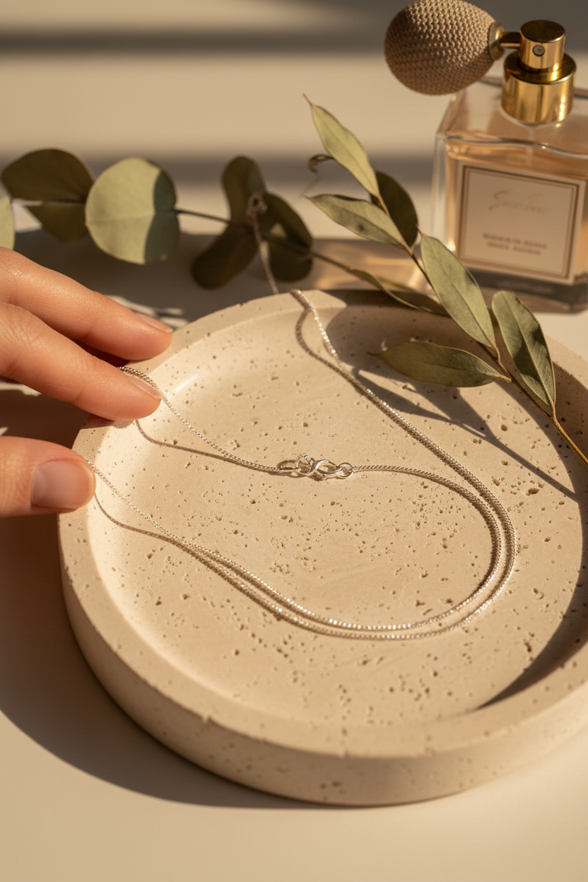 Waxing Poetic Wisp Chain draped on a travertine jewelry dish, perfect for layering, everyday wear and gifting