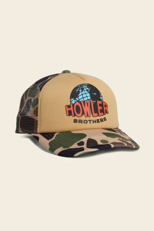 Howler Bros Worldwide hat in Camo, a classic cap for hunting trips, fishing, road trips and everyday wear