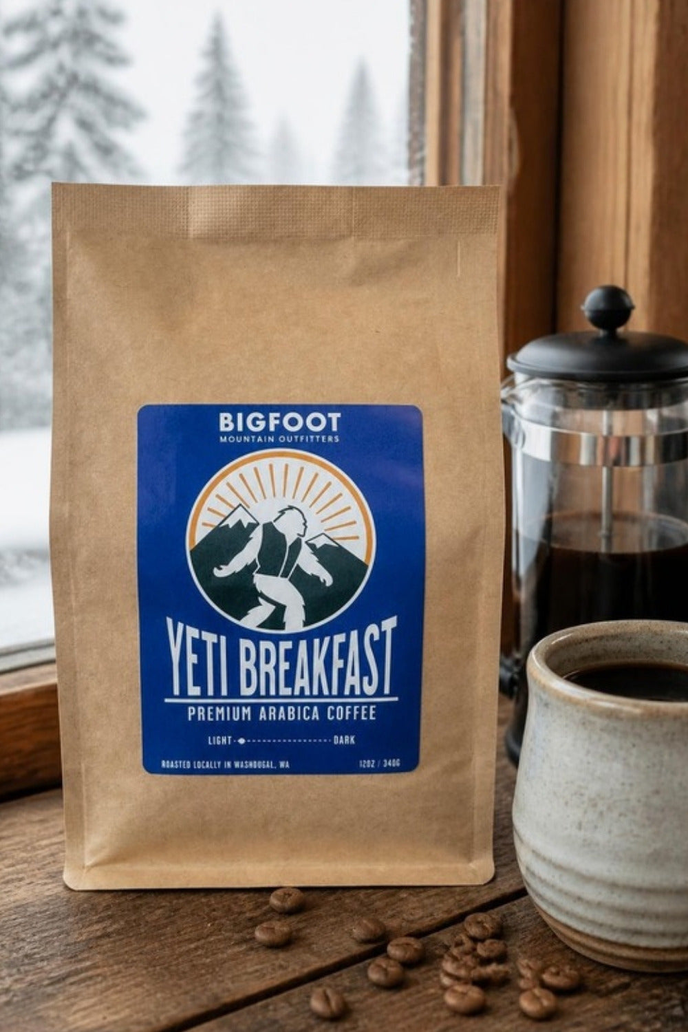 Yeti Breakfast light roast for smooth everyday coffee — brew a French press on a snowy cabin morning or your daily cup before work. Locally roasted Pacific Northwest coffee and an easy stocking stuffer for any coffee drinker.