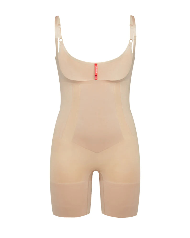 SPANX Women's Oncore Open-Bust Mid-Thigh Bodysuit Soft Nude - Medium