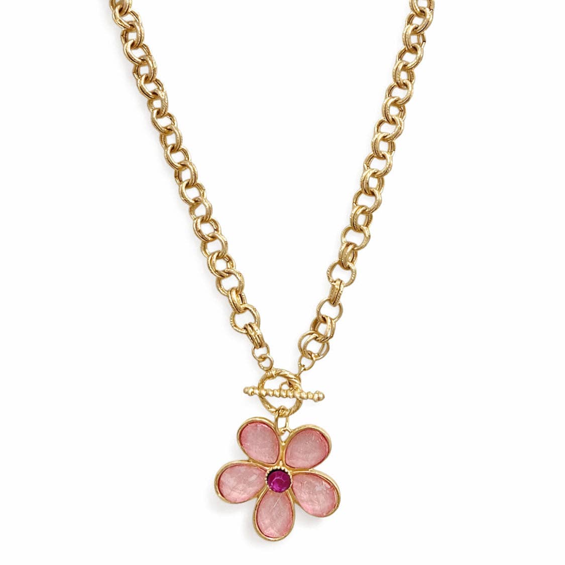 Pink Acrylic and Gold Flower Pendant 18" Necklace