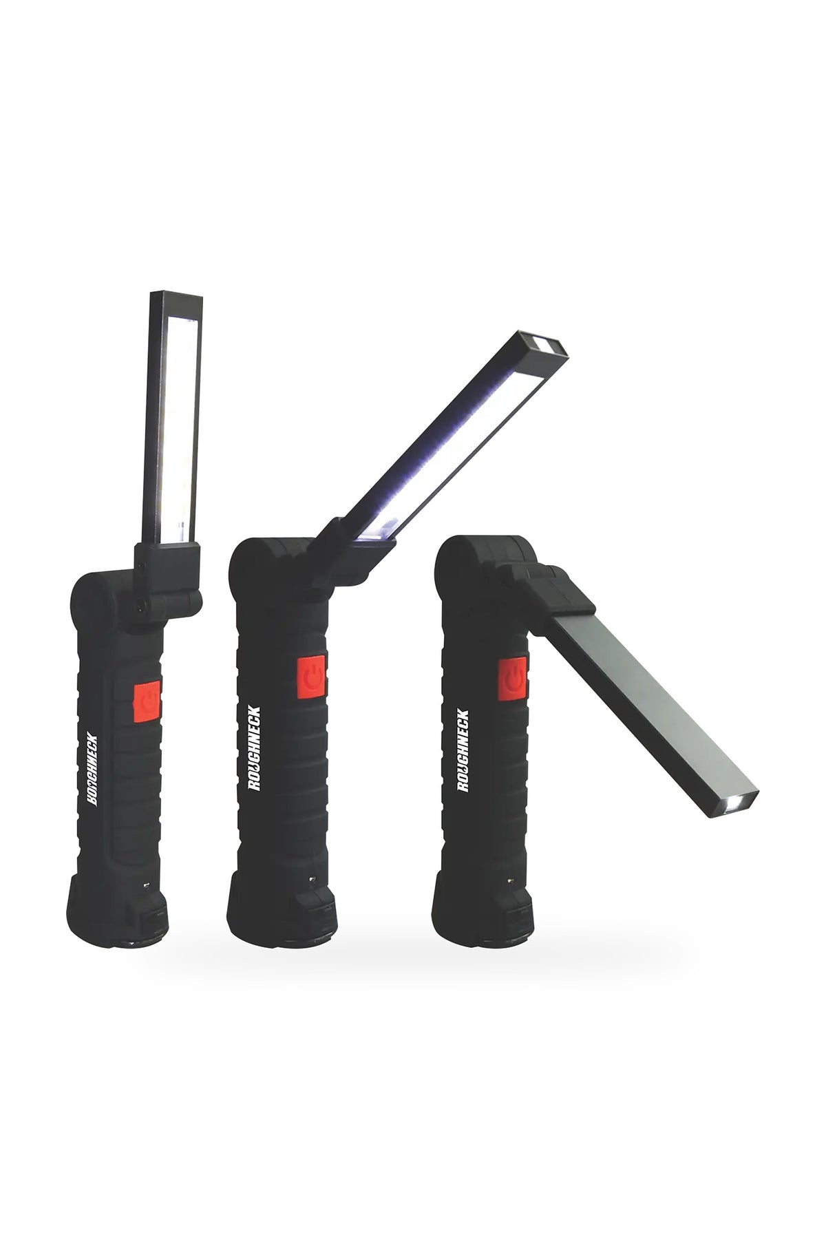 Roughneck 360 adjustable magnetic work light with a folding LED panel, magnetic base and hook for hands-free light under the hood, in the garage or at the campsite, a practical gift for DIYers and tradesmen