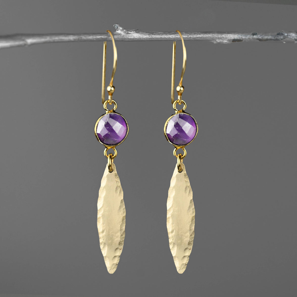 Brass Hammered Marquise w/ Semi Precious Earrings: Labradorite (Blue) | KBD Studio - view 2