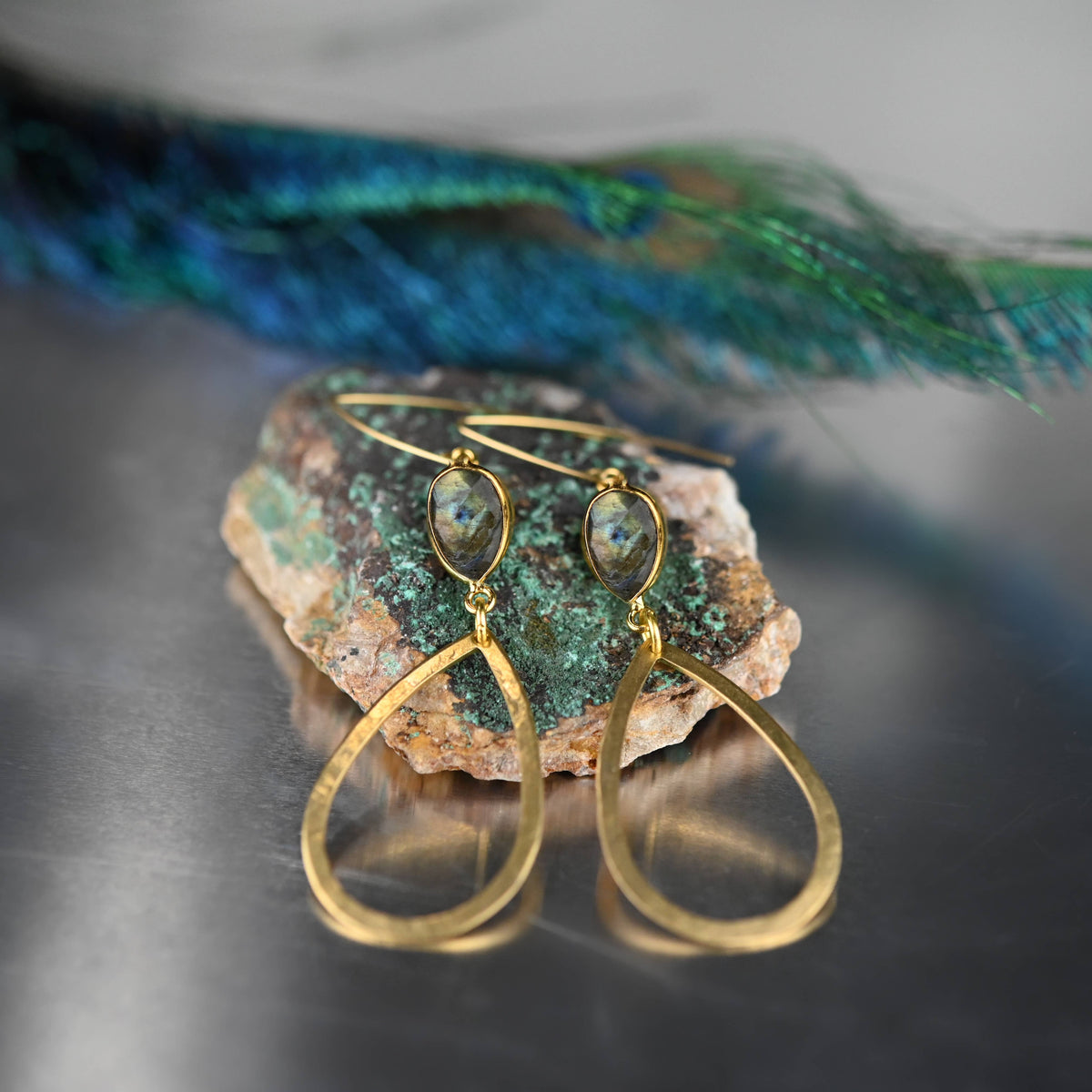 Brass Hammered Open Tear w/ Semi Precious Gemstone: Labradorite Shield | KBD Studio - view 2