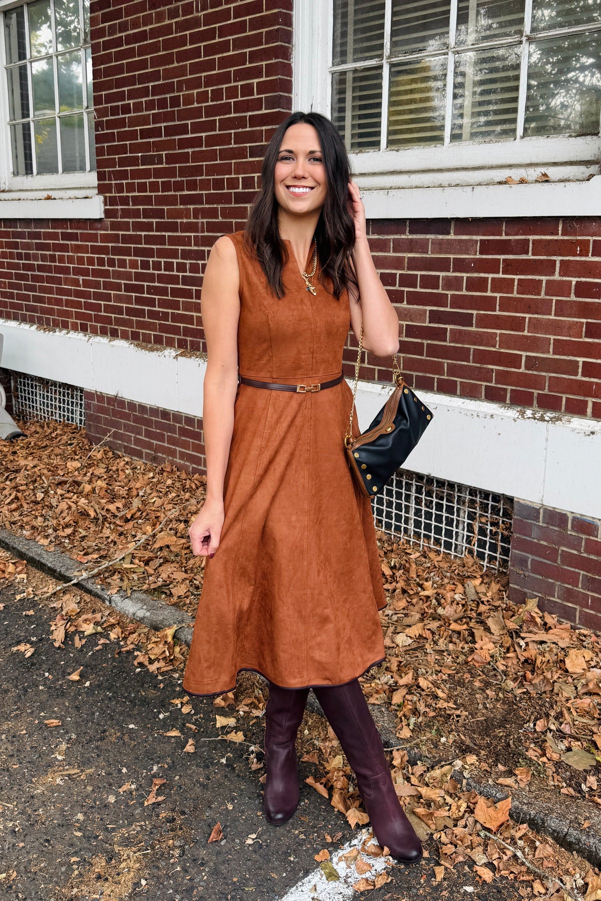 Faux Suede Belted Midi Dress