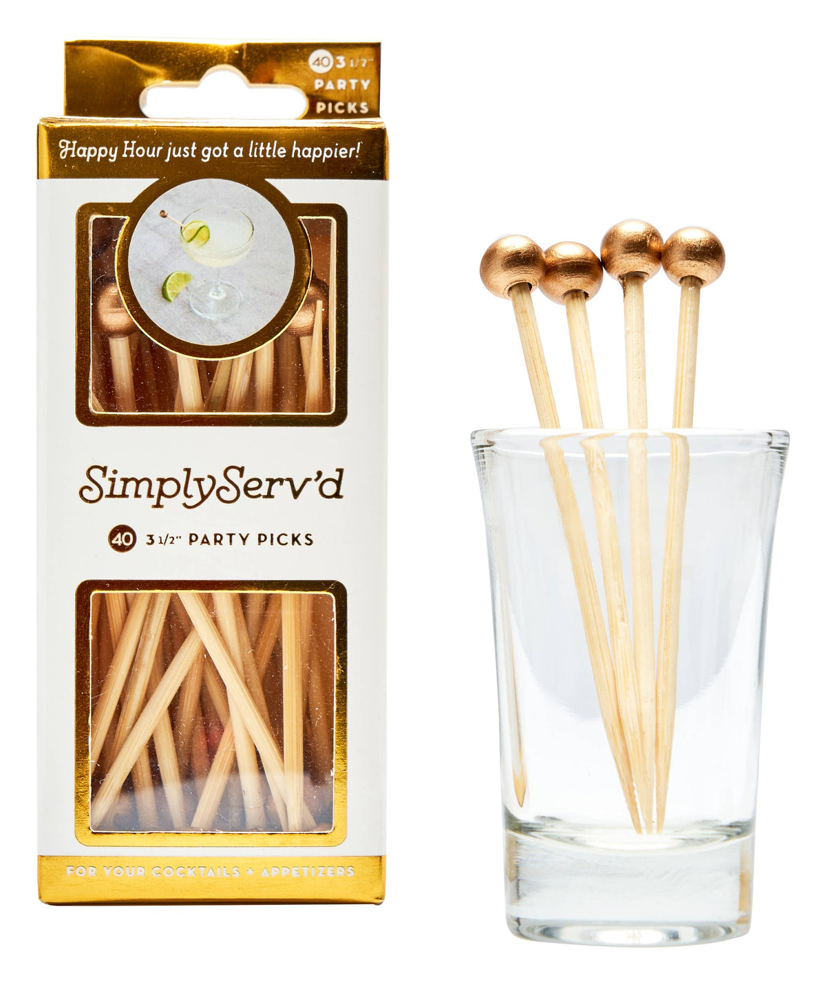 Party Pick Fancy Bamboo Toothpick Small 3.5" Gold Ball 40pk | Sophistiplate