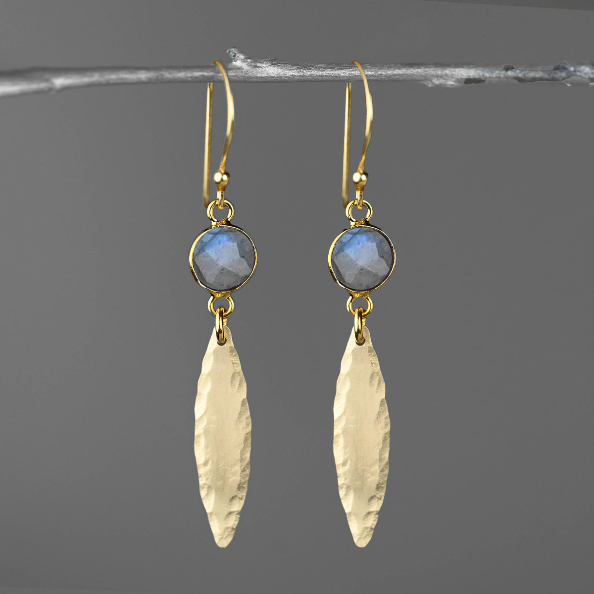 Brass Hammered Marquise w/ Semi Precious Earrings: Labradorite (Blue) | KBD Studio