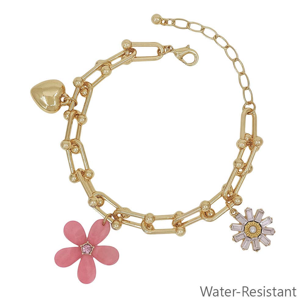 Pink Resin Flower, Rhinestone, and Heart Charm Bracelet