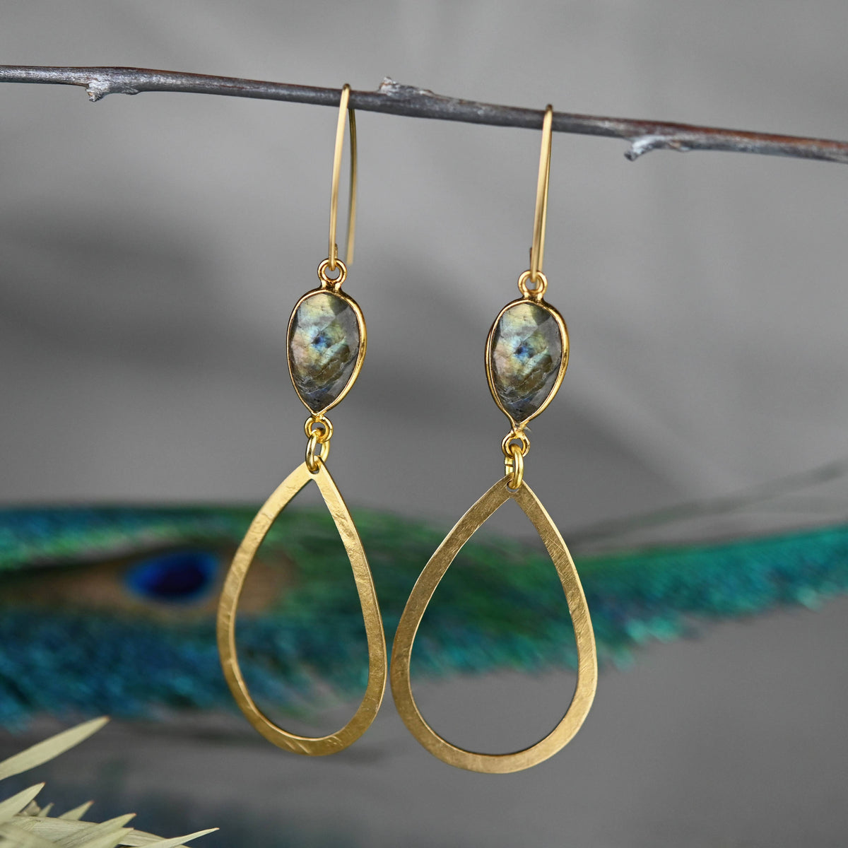 Brass Hammered Open Tear w/ Semi Precious Gemstone: Labradorite Shield | KBD Studio - view 3