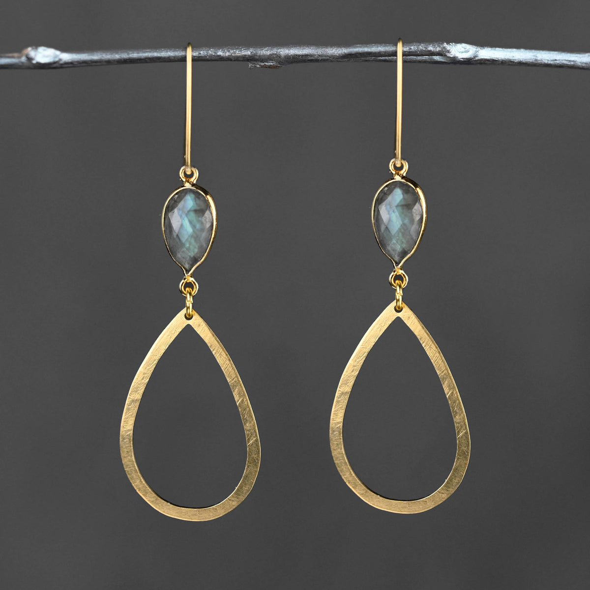 Brass Hammered Open Tear w/ Semi Precious Gemstone: Labradorite Shield | KBD Studio