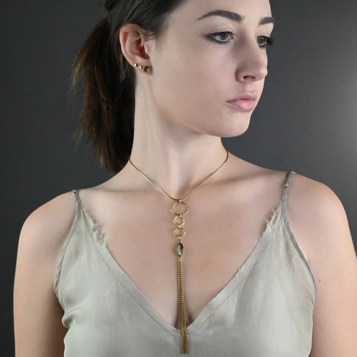 Triple Circle Drop w/ Semi Precious on Adjustable Chain: Labradorite | KBD Studio - view 2