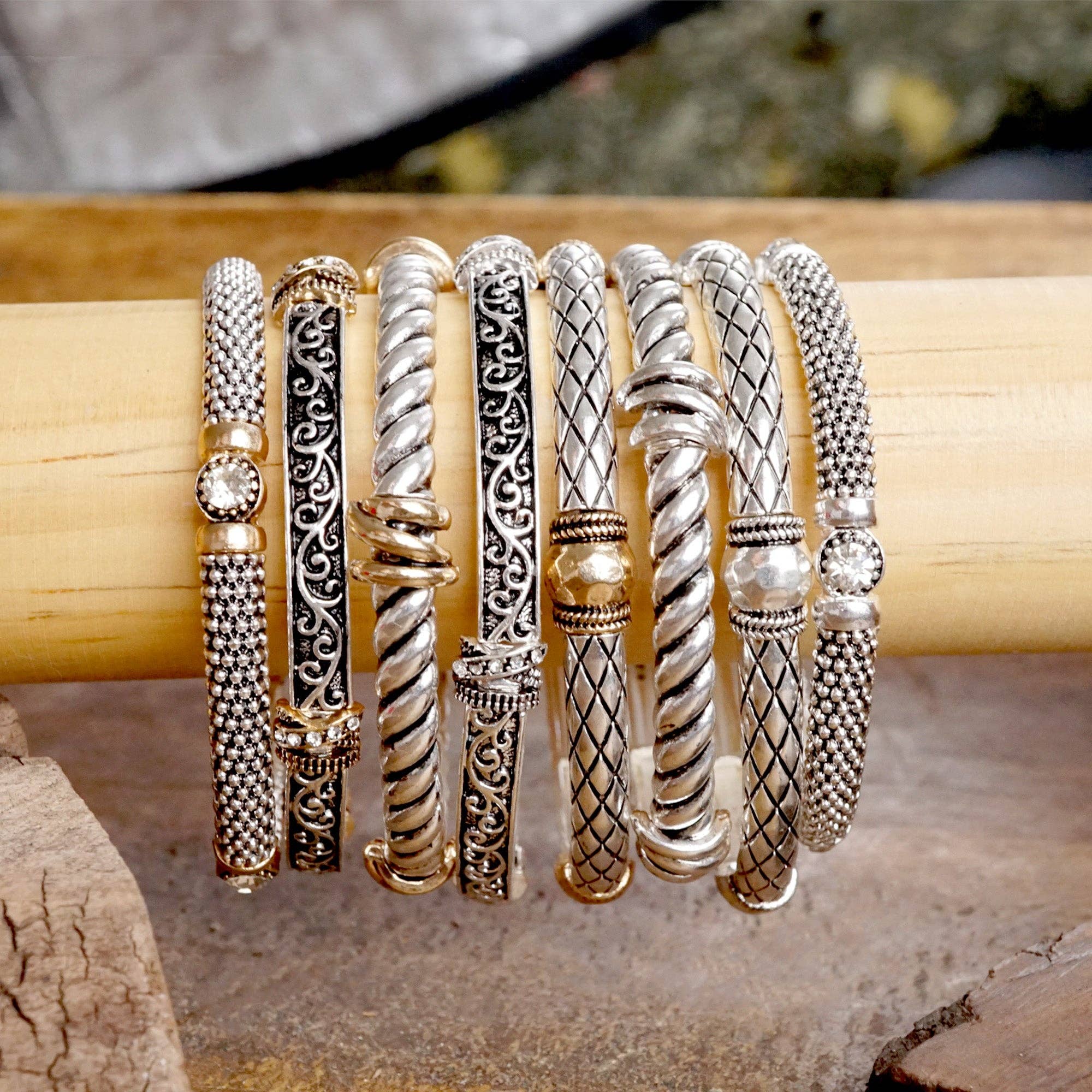 Timeless Layering Textured Bangles:Criss Cross - Silver