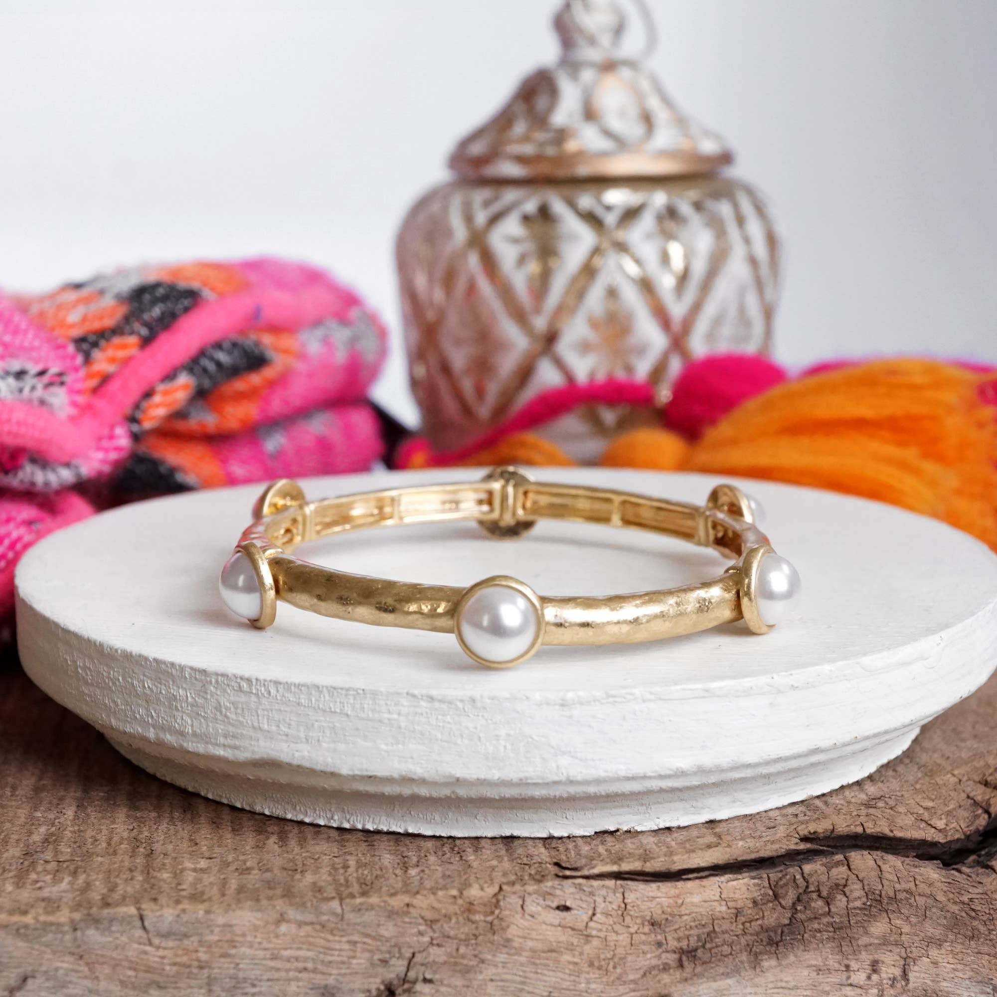 Jeweled Golden Bangle:Worn Gold - Pearl