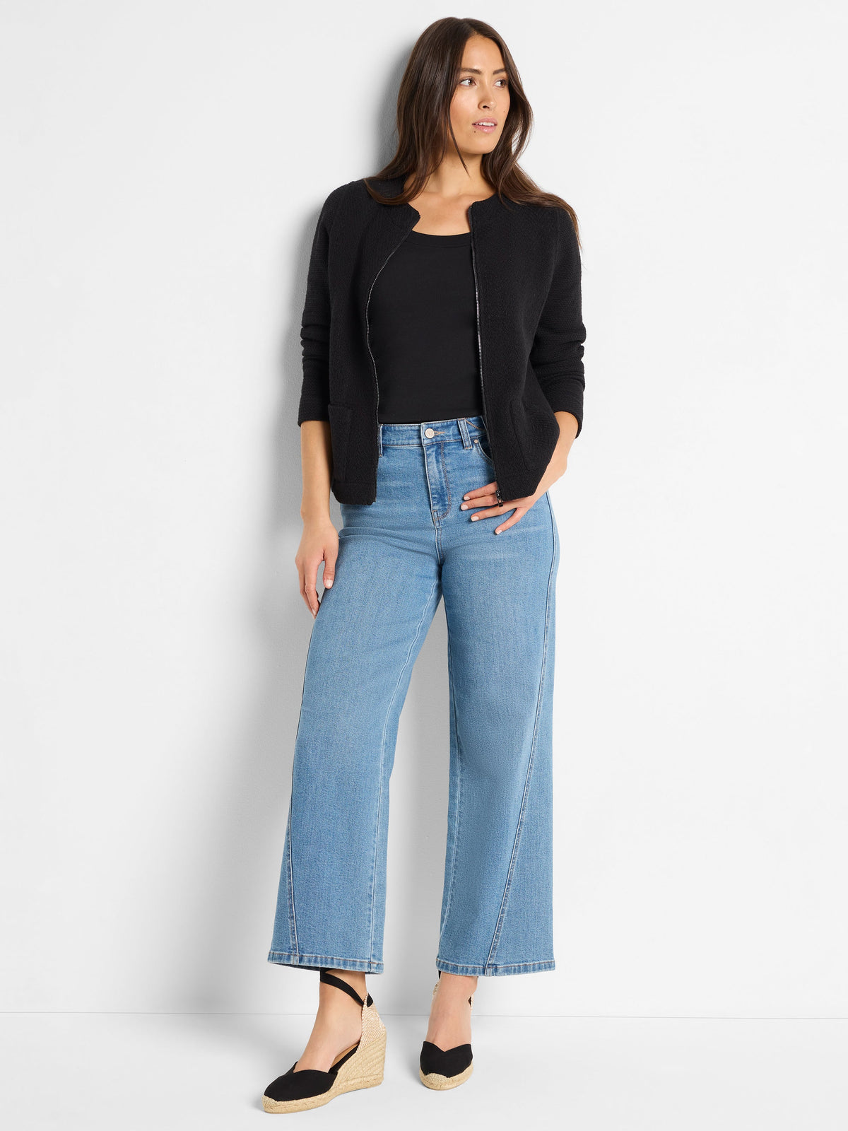 Weave Mix Knit Zip Jacket in Black Onyx styled with light wash denim