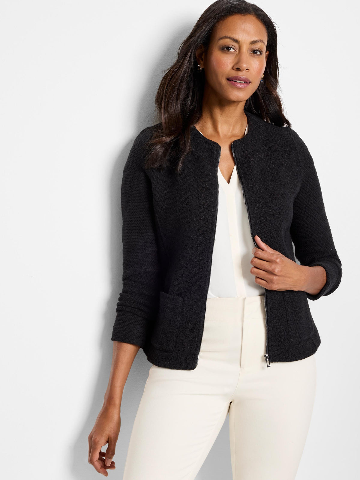 Nic + Zoe Weave Mix Knit Zip Jacket in Black Onyx