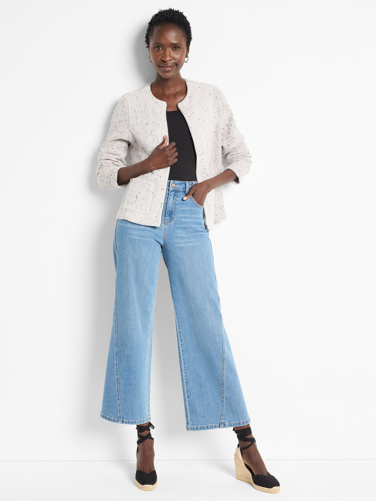 Weave Mix Knit Zip Jacket in Sugar Cookie styled with light wash denim
