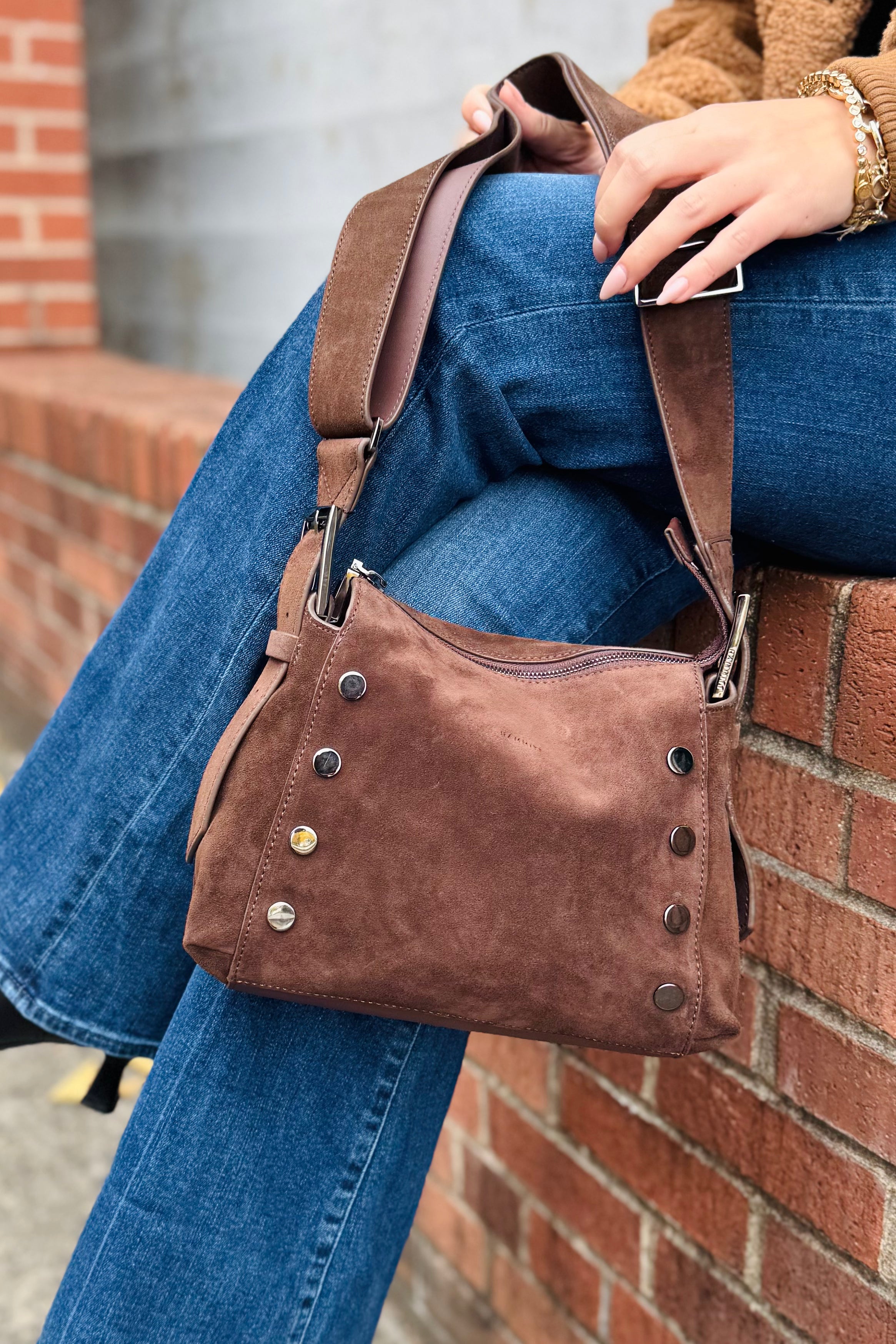 Bryant Med Belted Suede Bag