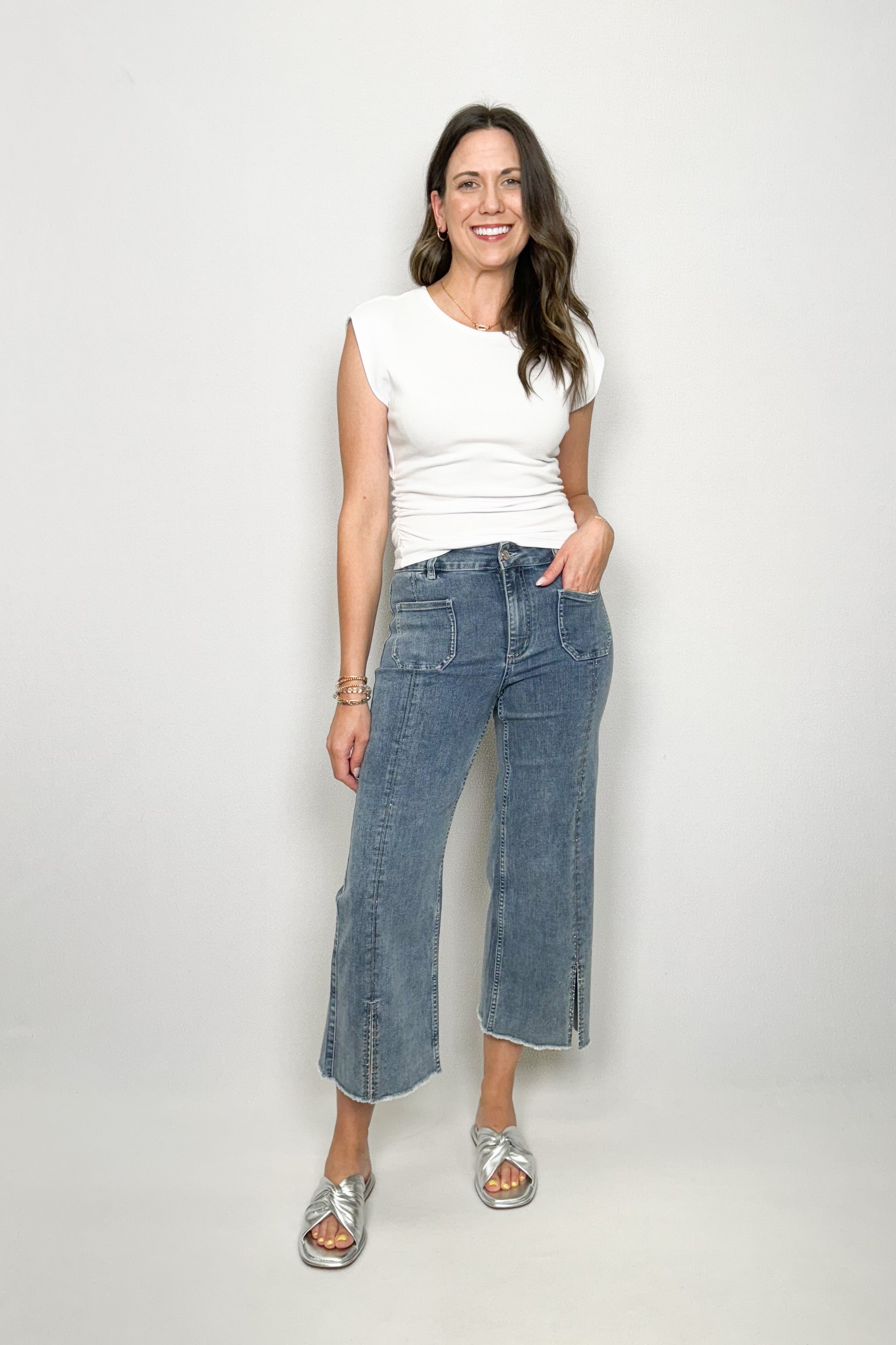 Culotte Jeans With Embellished Front Seam