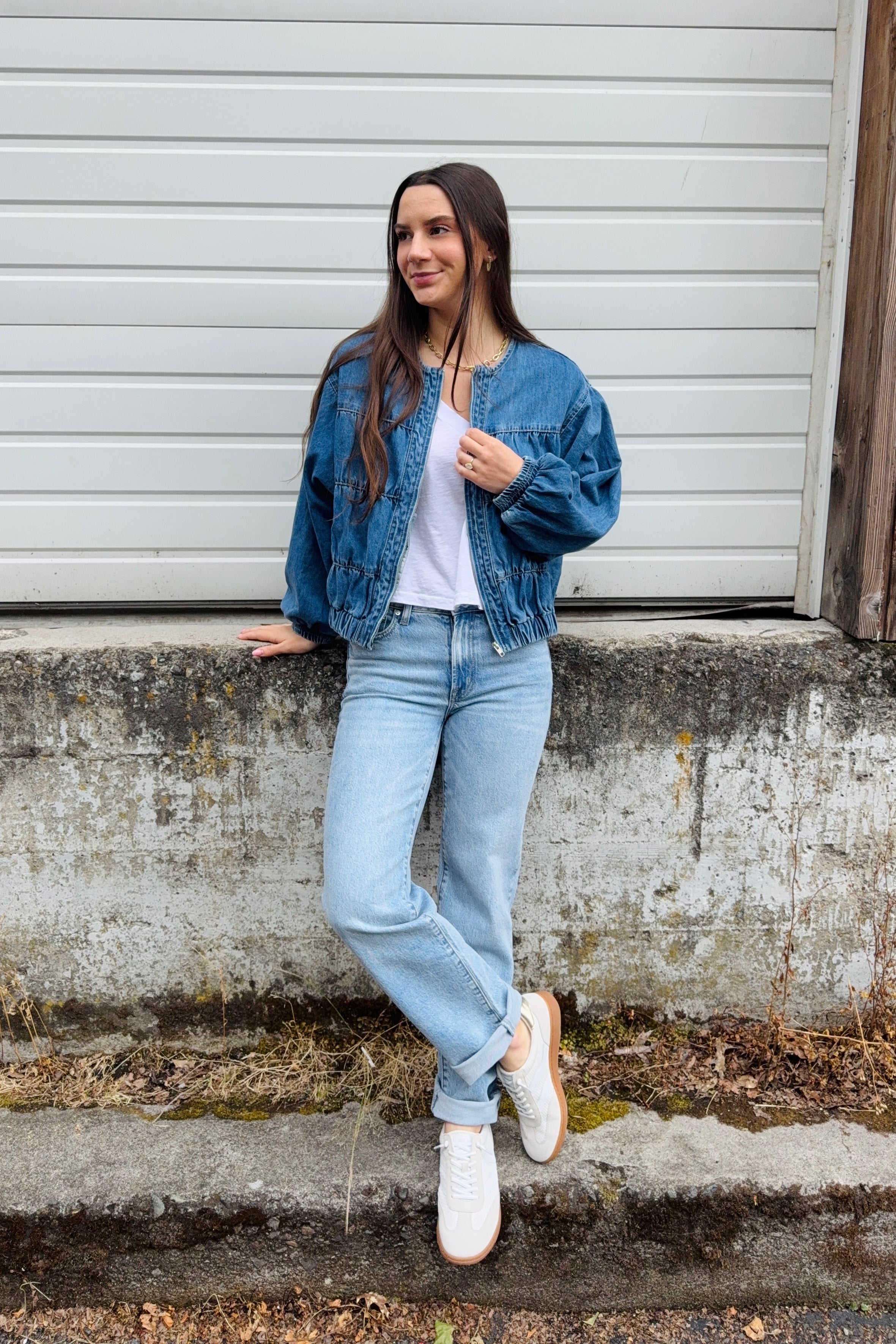Collarless Denim Bomber