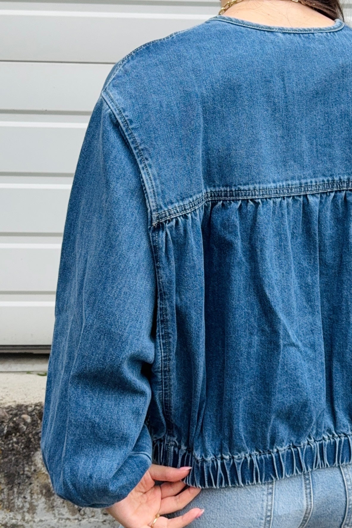 Collarless Denim Bomber