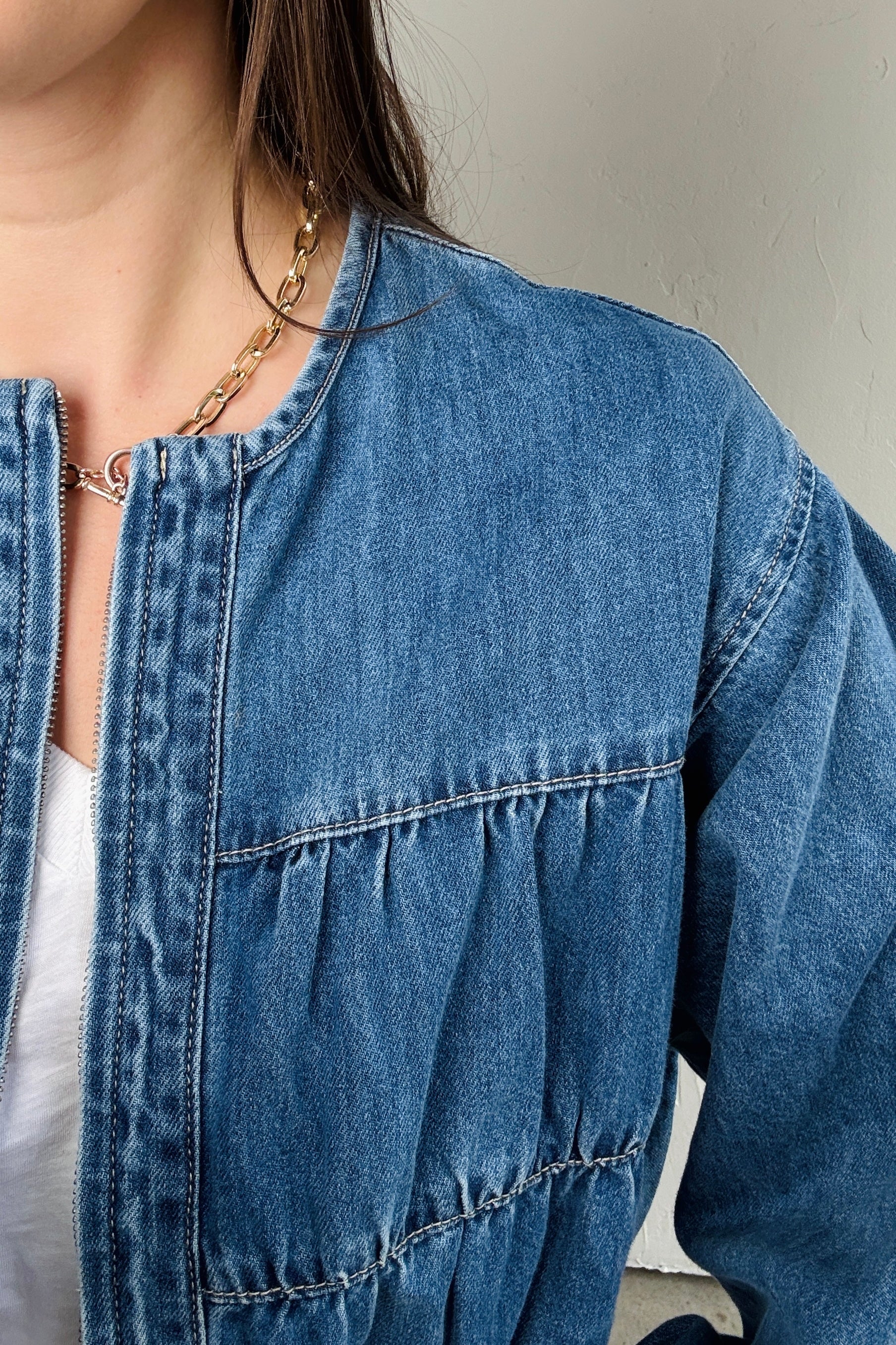 Collarless Denim Bomber