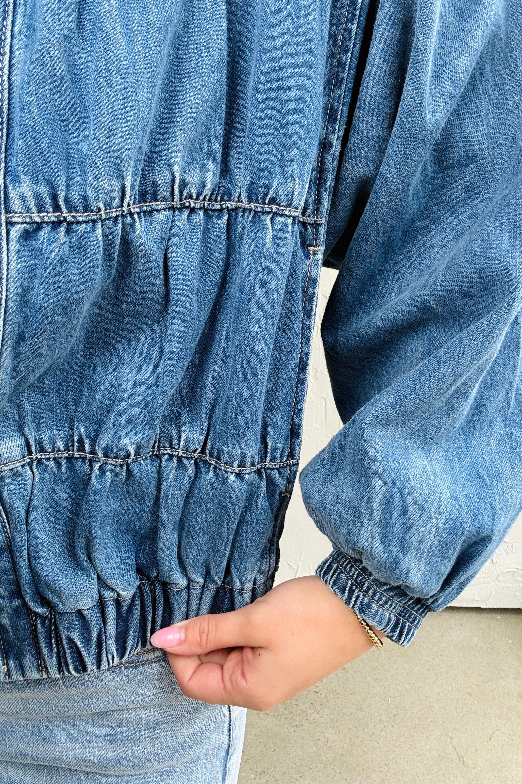 Collarless Denim Bomber