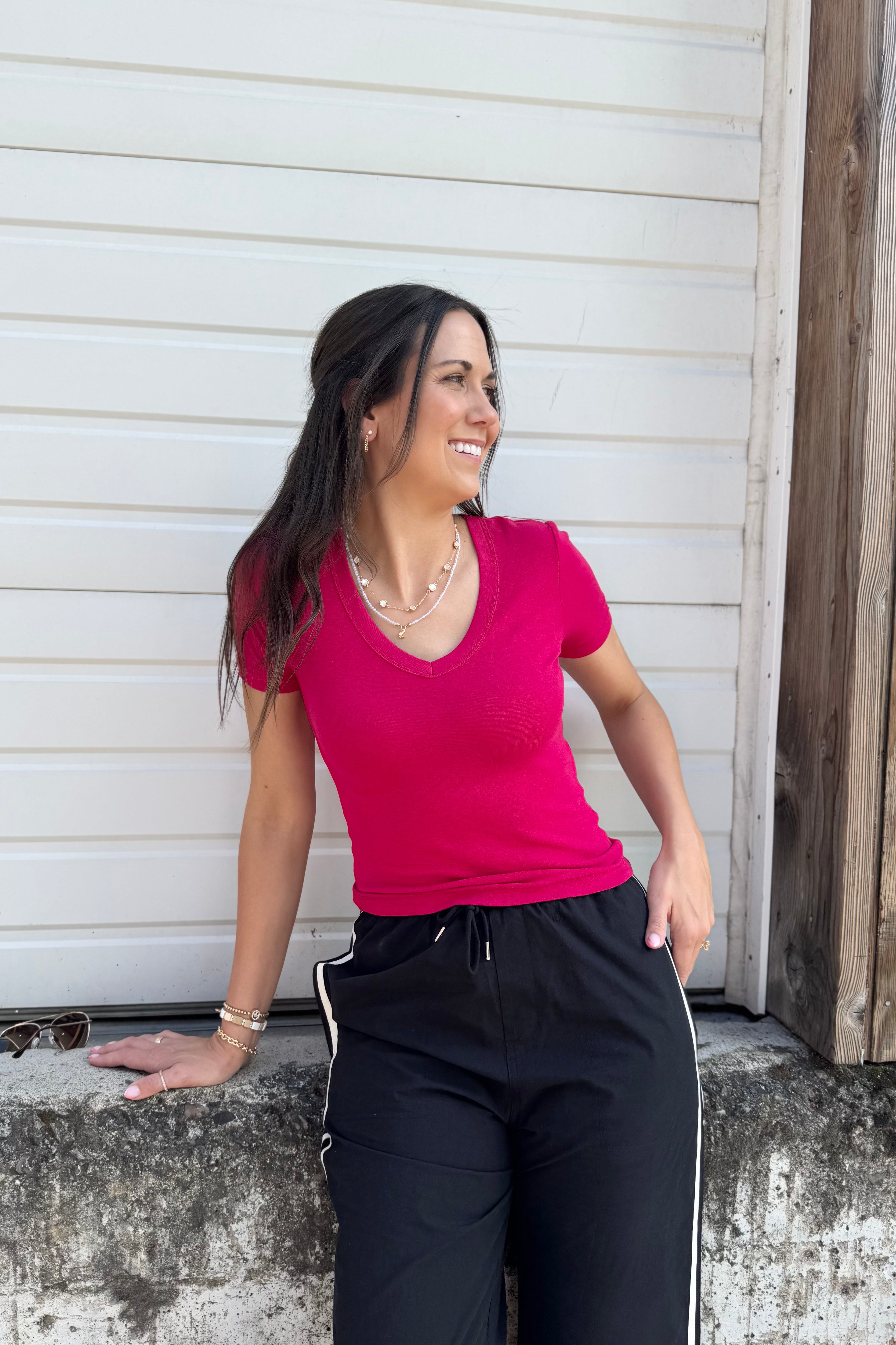 S/S V-Neck Crop - Pink