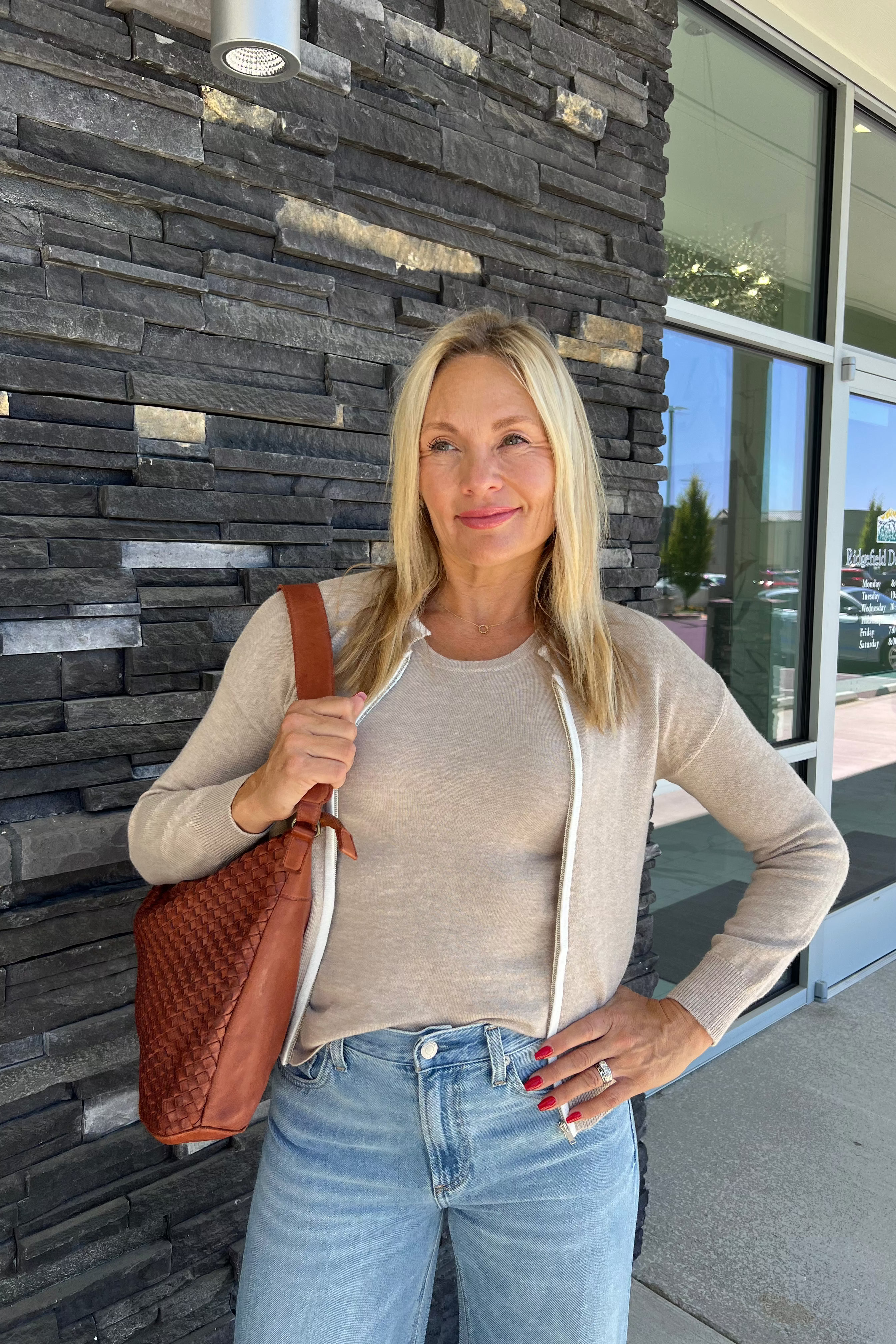 Tan and Cream double collar zip cardigan.&nbsp; Looks like a layered set, but is one piece, and looks amazing paired with denim or your favorite skirt.&nbsp;