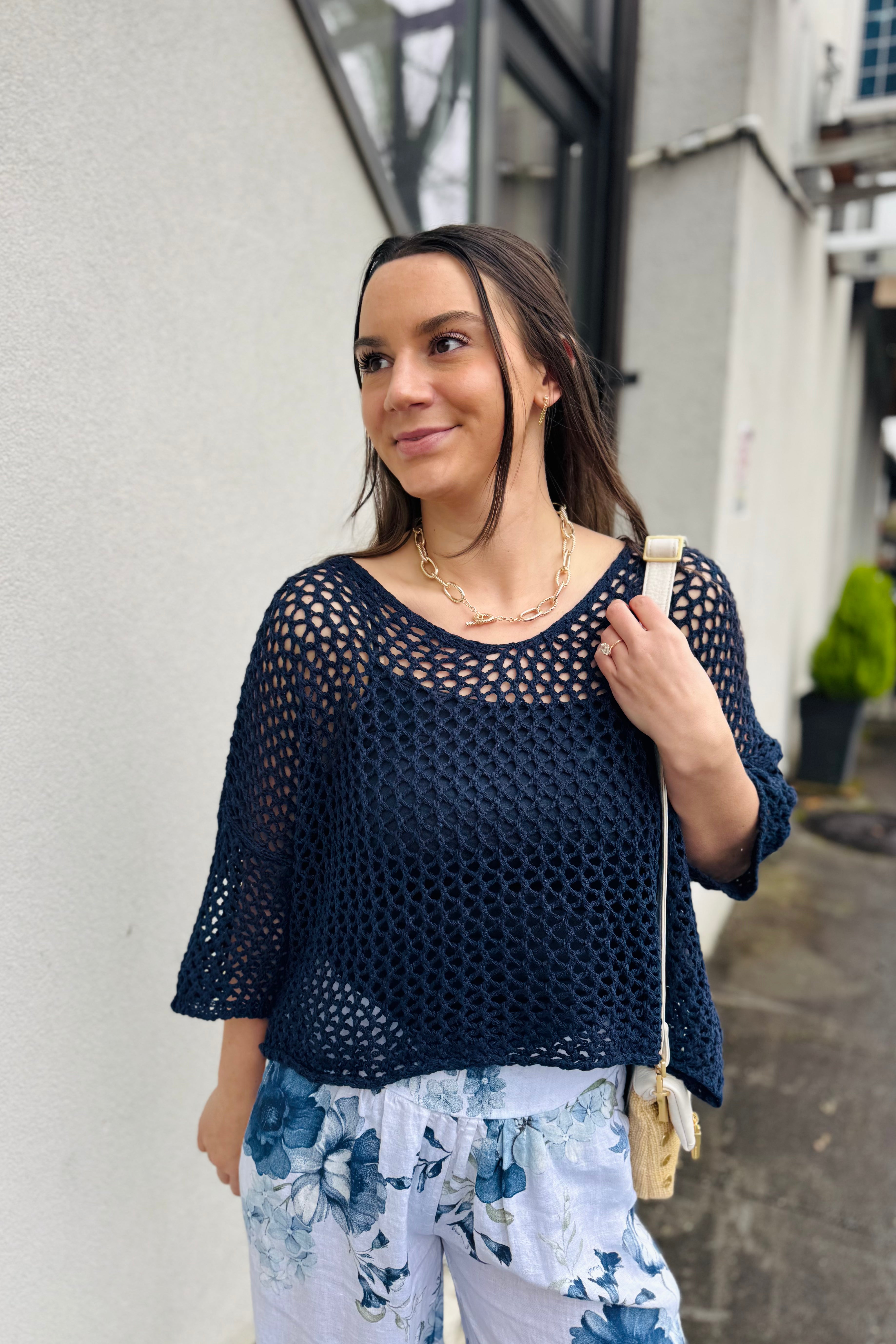 Drop Shoulder Crochet V-Neck