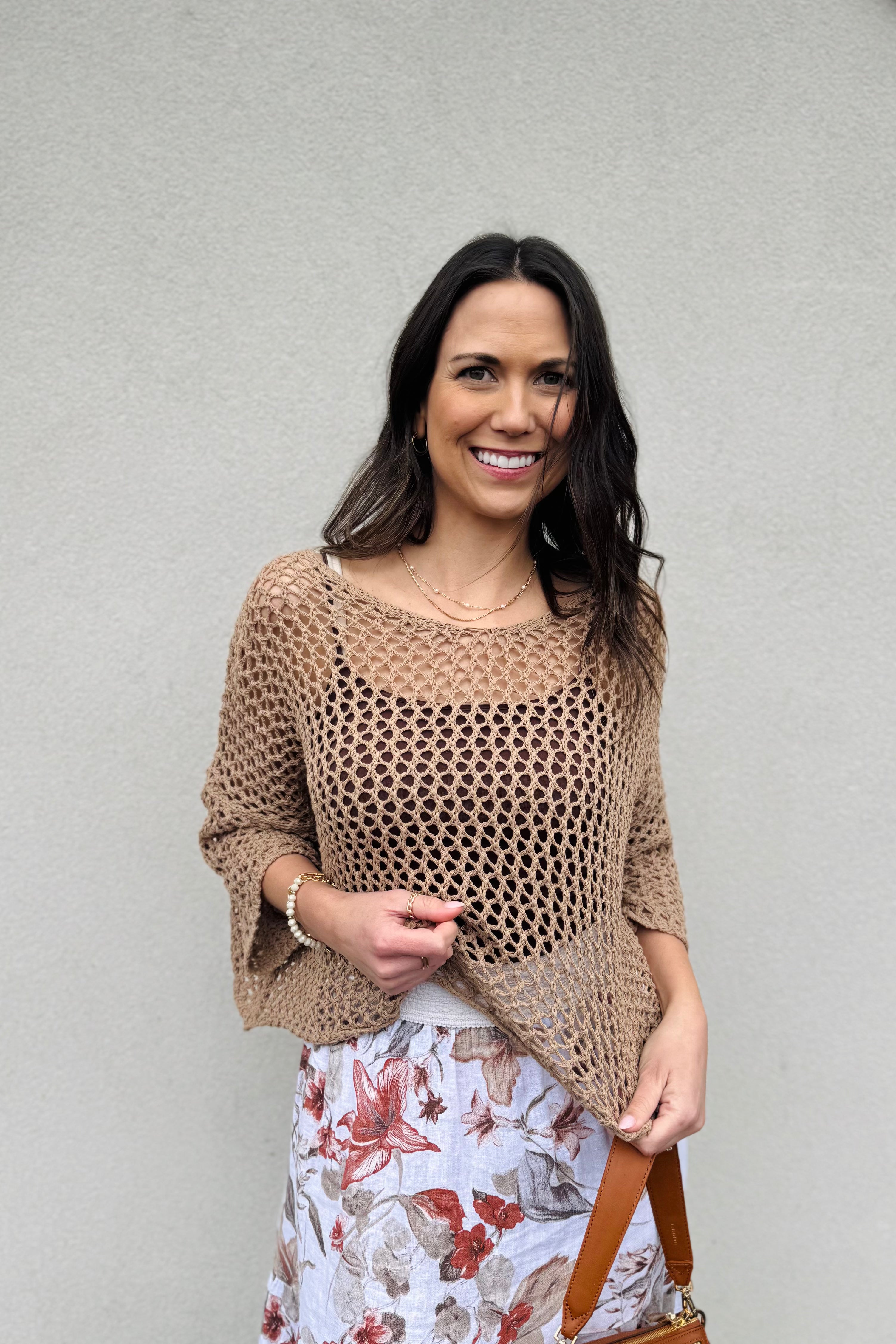 Drop Shoulder Crochet V-Neck