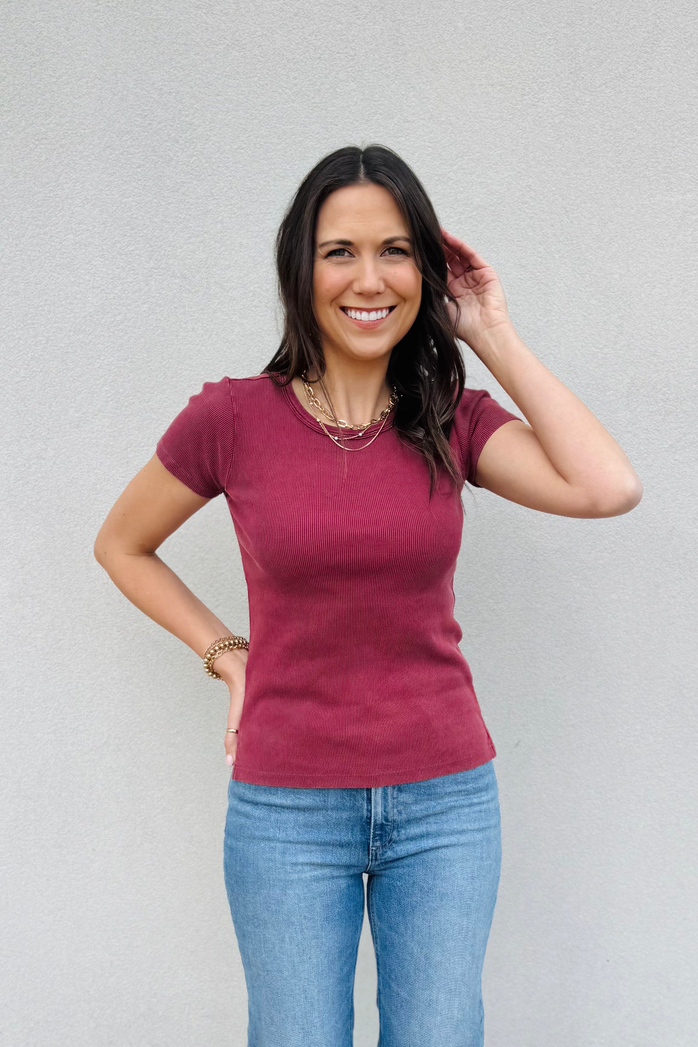 Rowan Rib Tee-Carmine