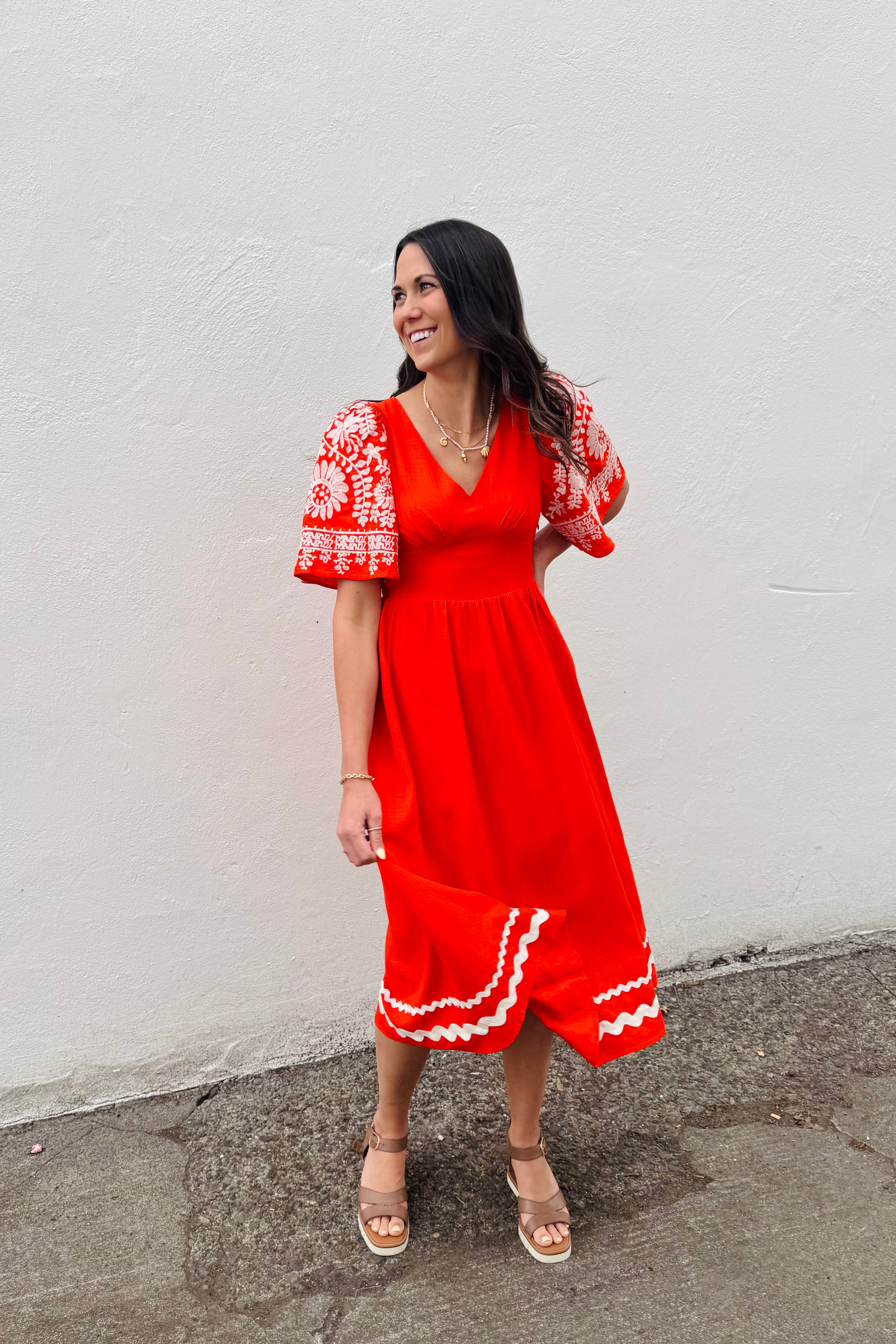 Embroidered Flutter Sleeve Dress