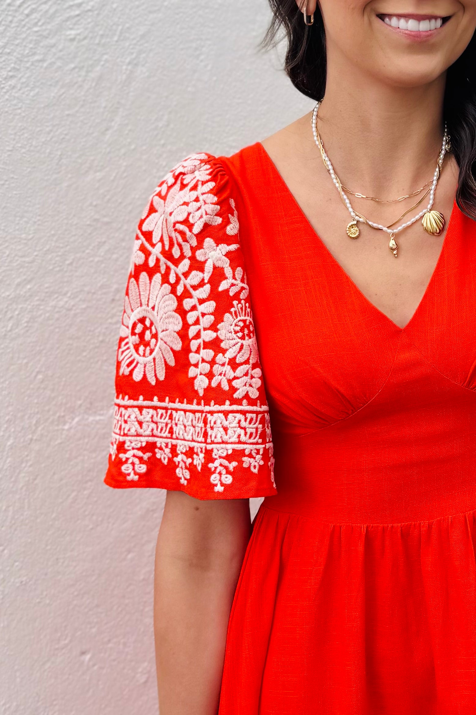 Embroidered Flutter Sleeve Dress