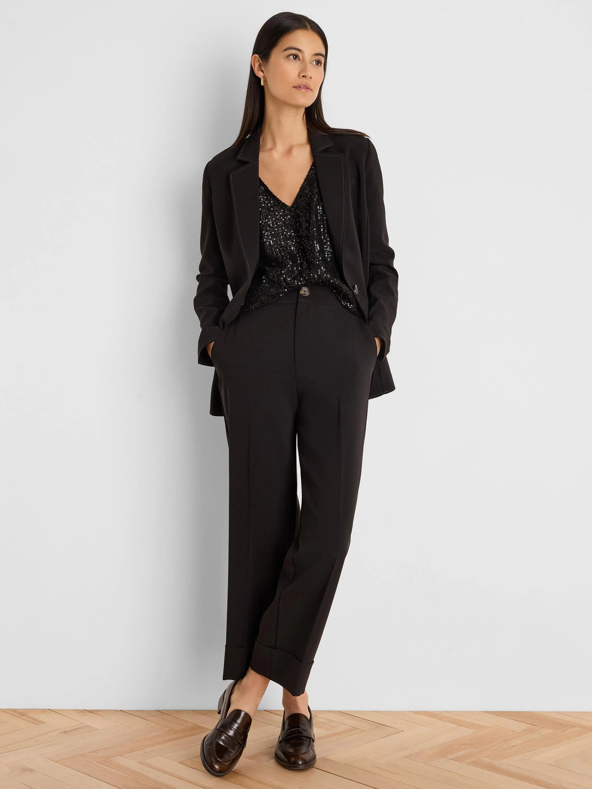 Sleek Stretch Accent Stitch Blazer in Black Onyx styled with black trousers
