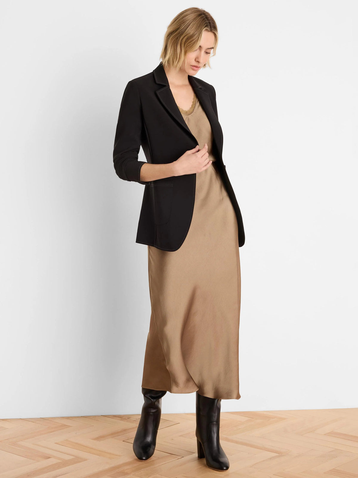 Sleek Stretch Accent Stitch Blazer in Black Onyx flat lay
